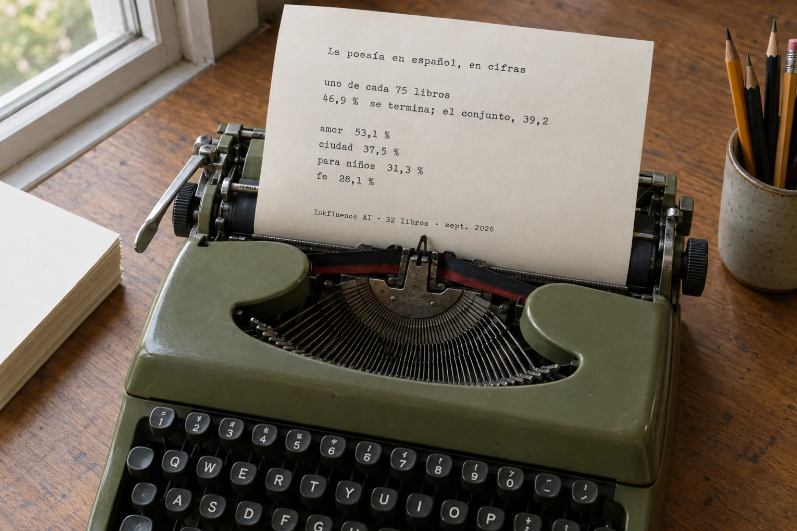 Máquina de escribir antigua con una hoja mecanografiada legible: 'La poesía en español, en cifras', y debajo, a doble espacio, 'uno de cada 75 libros', '46,9 % se termina; el conjunto, 39,2', 'amor 53,1 %', 'ciudad 37,5 %', 'para niños 31,3 %', 'fe 28,1 %', y al pie 'Inkfluence AI · 32 libros · sept. 2026'