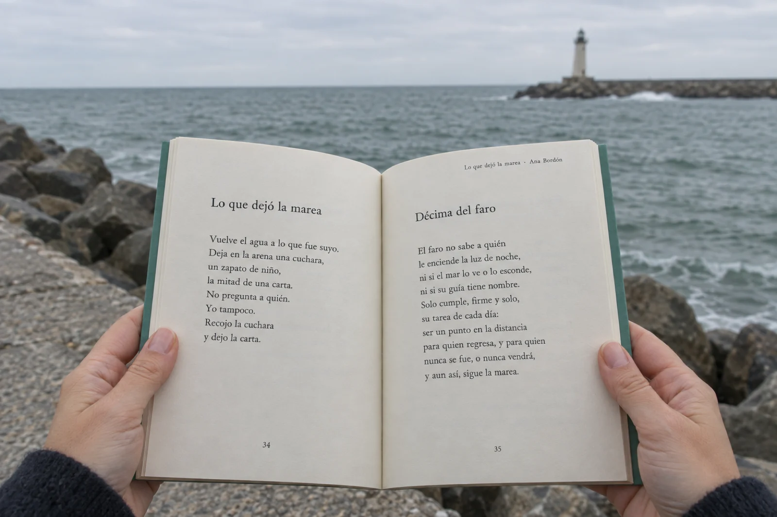 Dos manos sostienen abierto un poemario de tapa blanda frente al mar, con dos poemas legibles: 'Lo que dejó la marea', en verso libre, y 'Décima del faro', en octosílabos rimados, con la cabecera 'Lo que dejó la marea · Ana Bordón' y las páginas 34 y 35