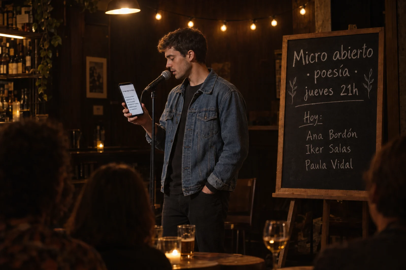 Micro abierto de poesía en un bar: un joven lee un poema desde el móvil ante el micrófono, con una pizarra de caballete legible detrás, 'Micro abierto · poesía · jueves 21h', y los nombres 'Ana Bordón, Iker Salas, Paula Vidal'