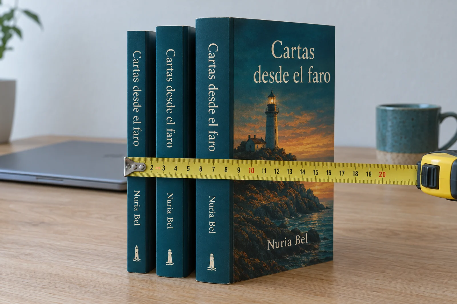 Tres ejemplares de 'Cartas desde el faro', de Nuria Bel, con lomos de distinto grosor y una cinta métrica extendida por delante
