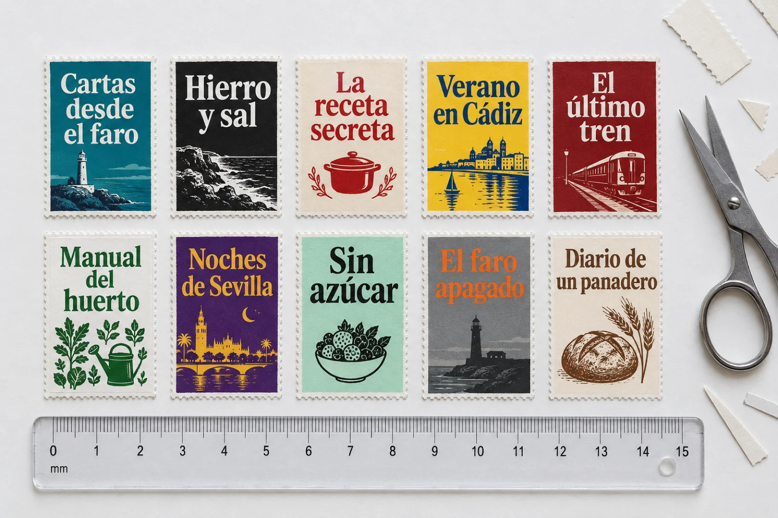 Diez portadas de libro impresas al tamaño de un sello, con títulos como 'Cartas desde el faro', 'Hierro y sal', 'La receta secreta' y 'Verano en Cádiz', junto a una regla y unas tijeras