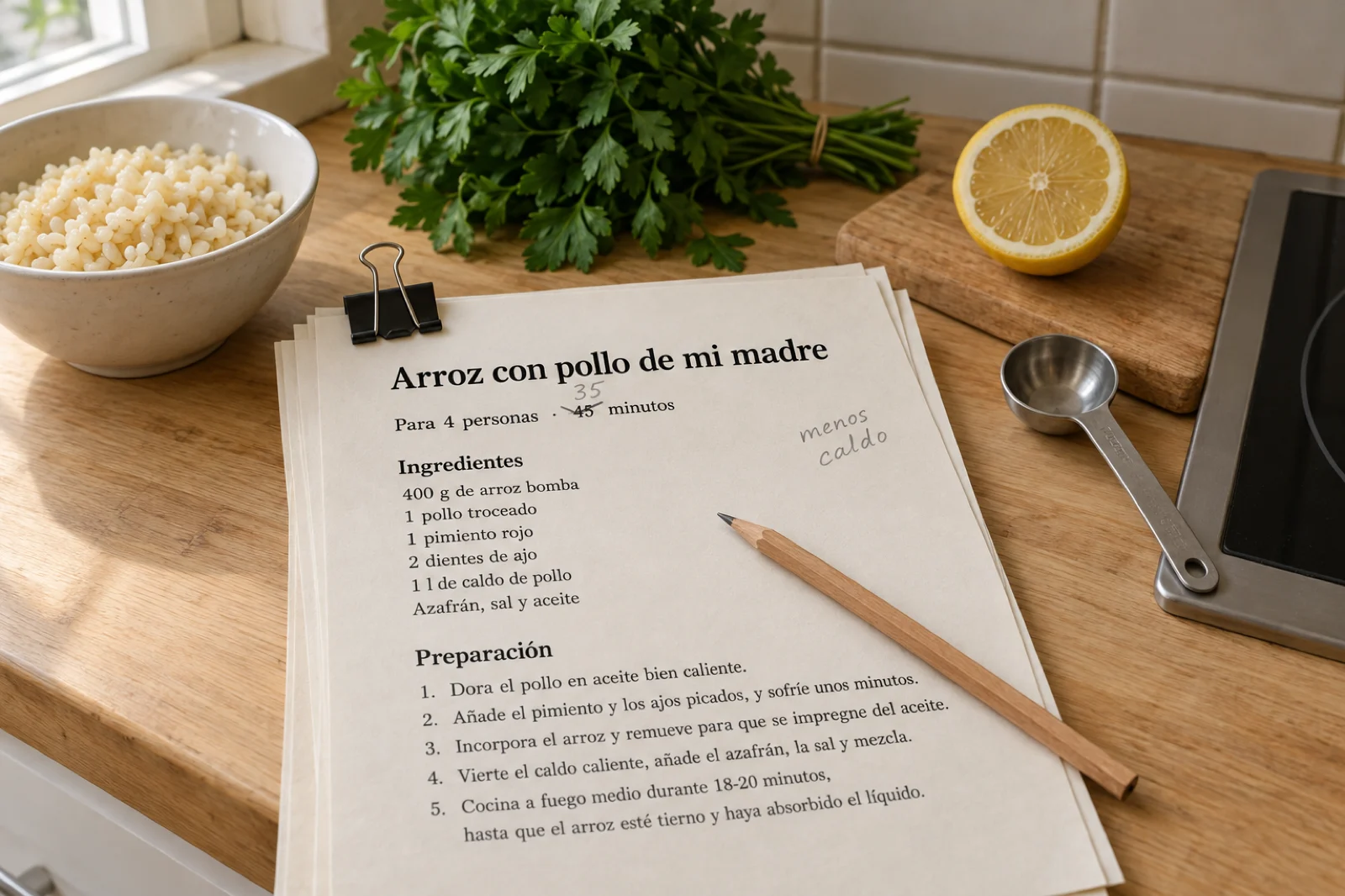 Hojas de receta impresas y sujetas con una pinza sobre una encimera: 'Arroz con pollo de mi madre, para 4 personas', con los ingredientes y la preparación legibles, el tiempo corregido a lápiz de 45 a 35 minutos y la nota 'menos caldo'