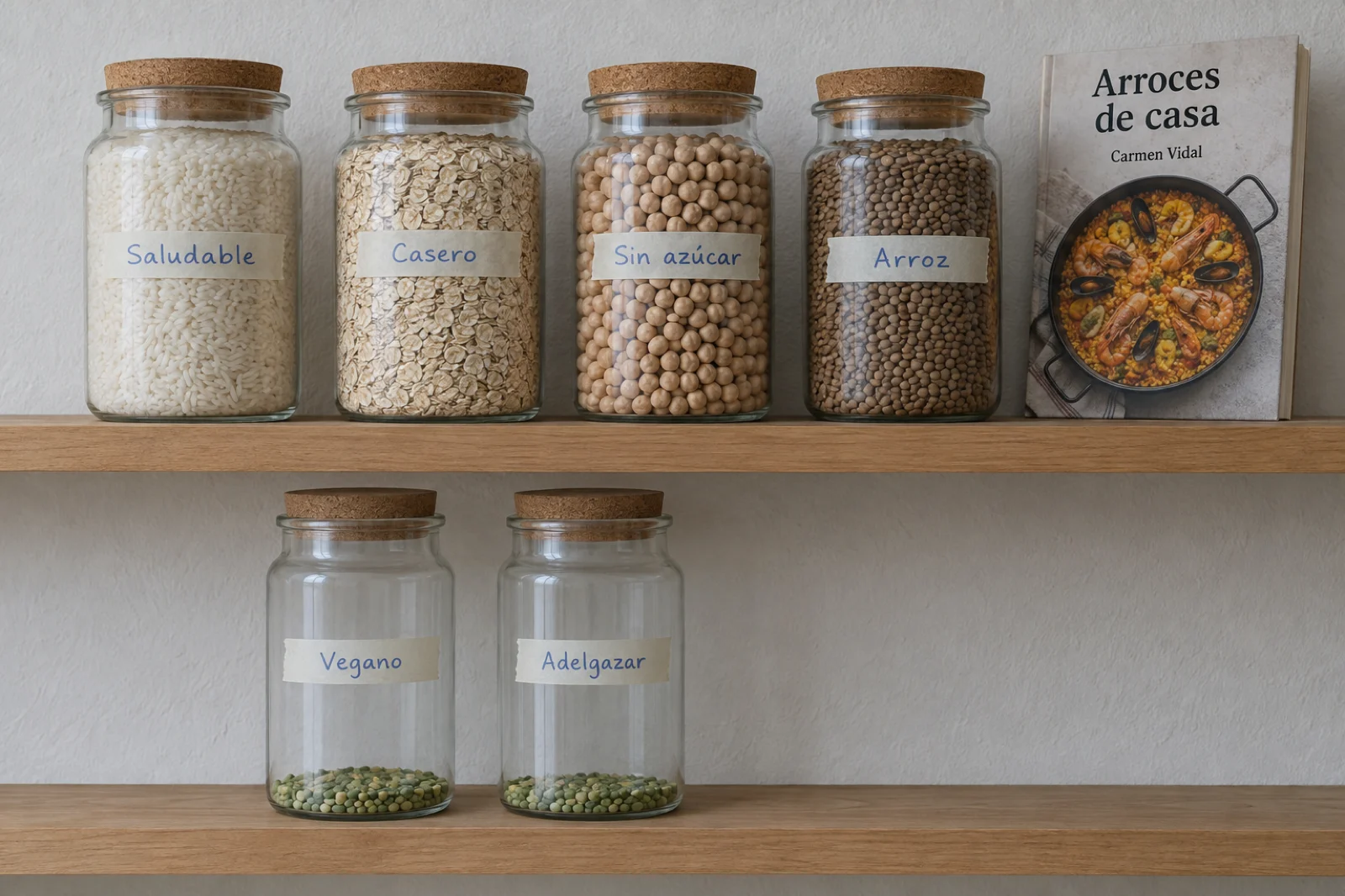 Dos baldas con tarros etiquetados a mano: arriba, llenos, 'Saludable', 'Casero', 'Sin azúcar' y 'Arroz'; abajo, casi vacíos, 'Vegano' y 'Adelgazar'; y el recetario 'Arroces de casa', de Carmen Vidal, apoyado al final de la balda