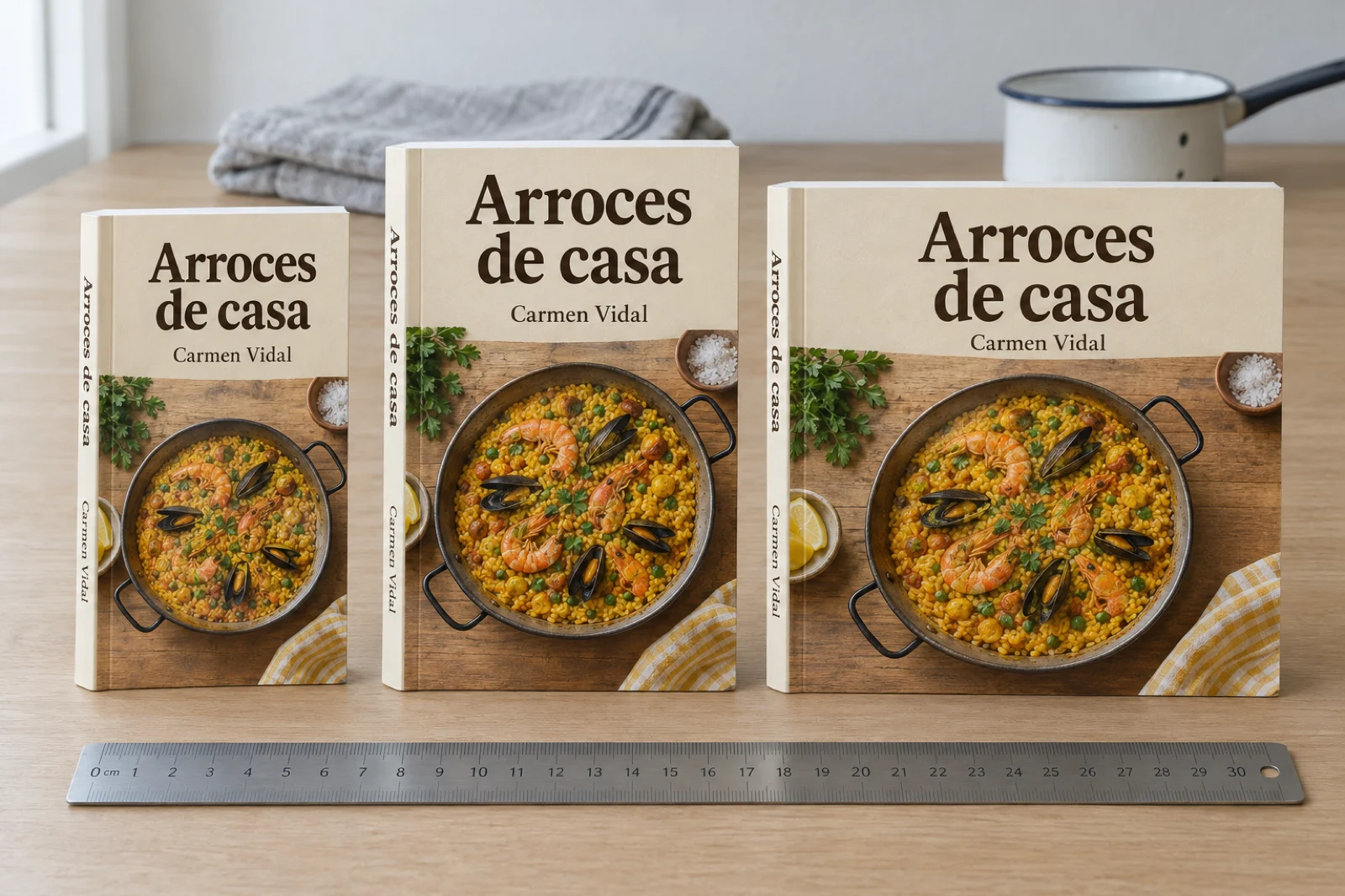 Tres ediciones de 'Arroces de casa', de Carmen Vidal, en tres tamaños de tapa blanda, con la paella de la portada y una regla de acero delante