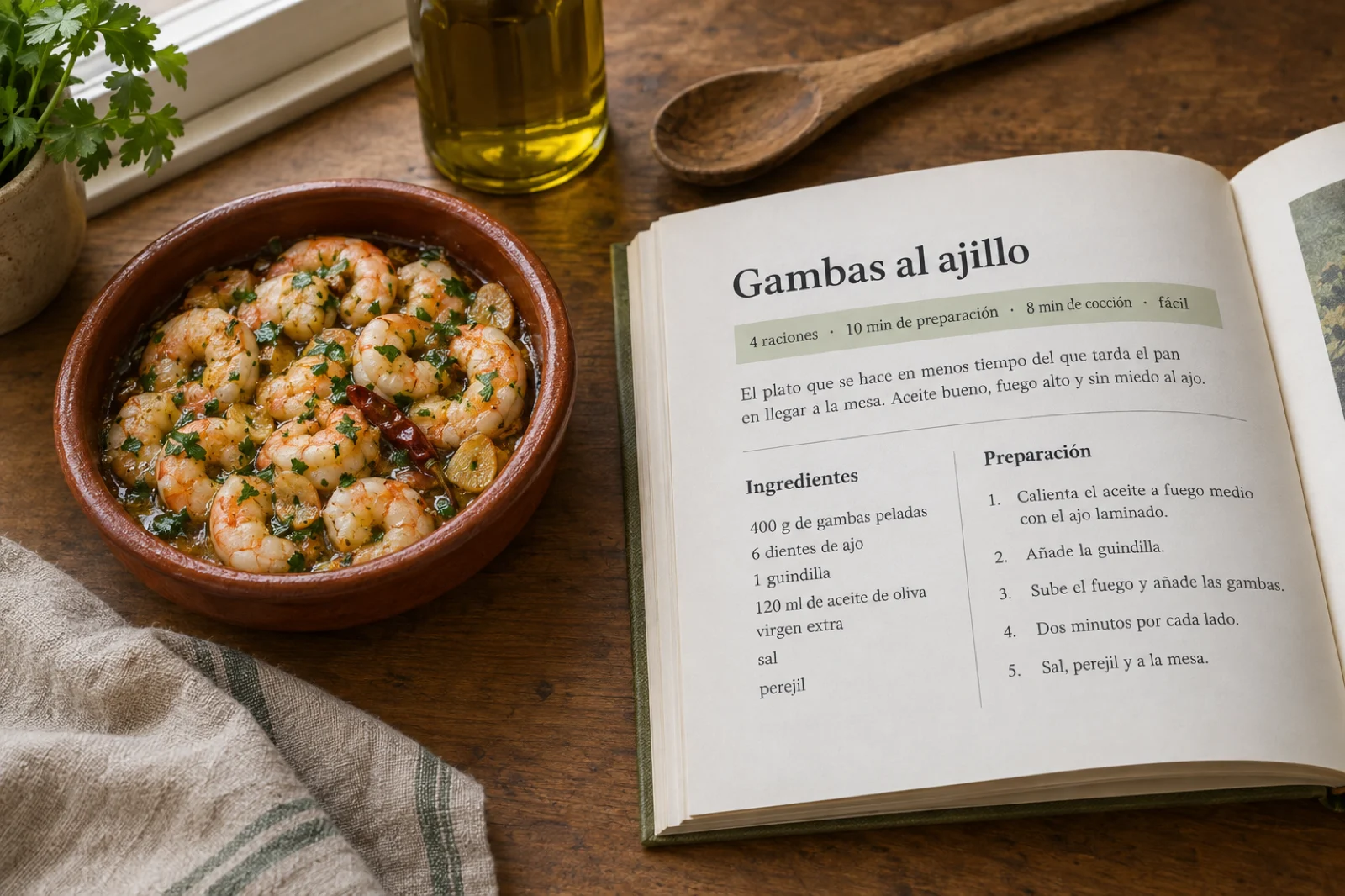 Sobre una mesa de cocina junto a una ventana, una cazuela de barro con gambas al ajillo y, al lado, la página abierta de un recetario impreso, legible: 'Gambas al ajillo', la tira '4 raciones · 10 min de preparación · 8 min de cocción · fácil', una introducción de dos líneas, la lista de ingredientes en gramos y mililitros y cinco pasos numerados
