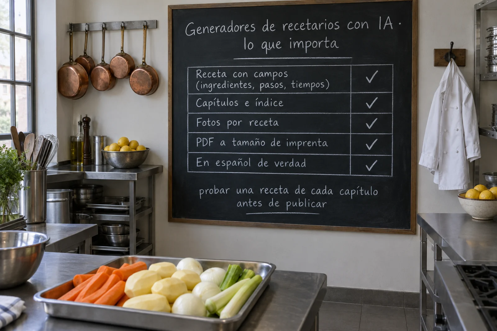 Cocina de una escuela de cocina con una pizarra negra escrita a tiza en español, legible: 'Generadores de recetarios con IA · lo que importa', una tabla con cinco filas ('Receta con campos', 'Capítulos e índice', 'Fotos por receta', 'PDF a tamaño de imprenta', 'En español de verdad') y la nota 'probar una receta de cada capítulo antes de publicar'