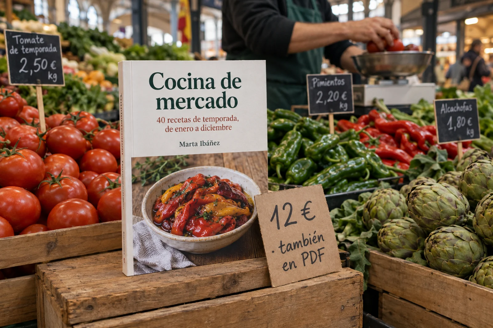 Puesto de frutas y verduras en un mercado de abastos, con cajas de tomates, pimientos y alcachofas; sobre una caja de madera, un recetario impreso en tapa blanda con la portada legible: 'Cocina de mercado · 40 recetas de temporada, de enero a diciembre · Marta Ibáñez', y un cartel de cartón escrito a mano: '12 € · también en PDF'