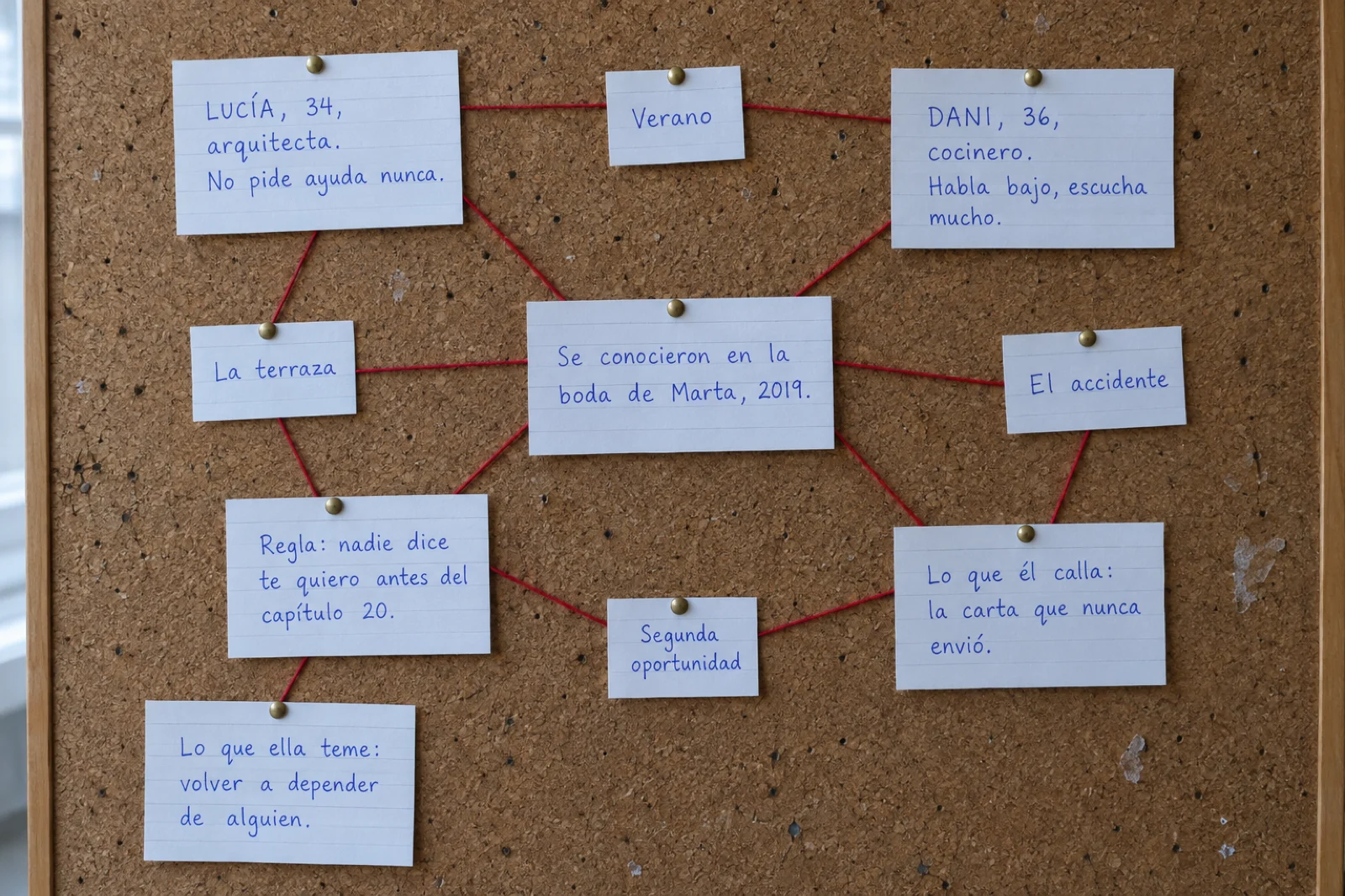 Tablón de corcho con fichas de personajes escritas a mano y unidas por hilo rojo: 'Lucía, 34, arquitecta. No pide ayuda nunca', 'Dani, 36, cocinero', 'Se conocieron en la boda de Marta, 2019' y la regla 'nadie dice te quiero antes del capítulo 20'