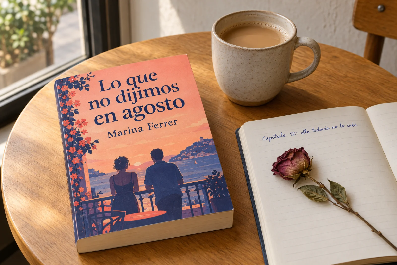 Novela romántica 'Lo que no dijimos en agosto', de Marina Ferrer, boca abajo sobre una mesa de café junto a una taza y un cuaderno donde pone a mano 'Capítulo 12: ella todavía no lo sabe', con una rosa seca encima
