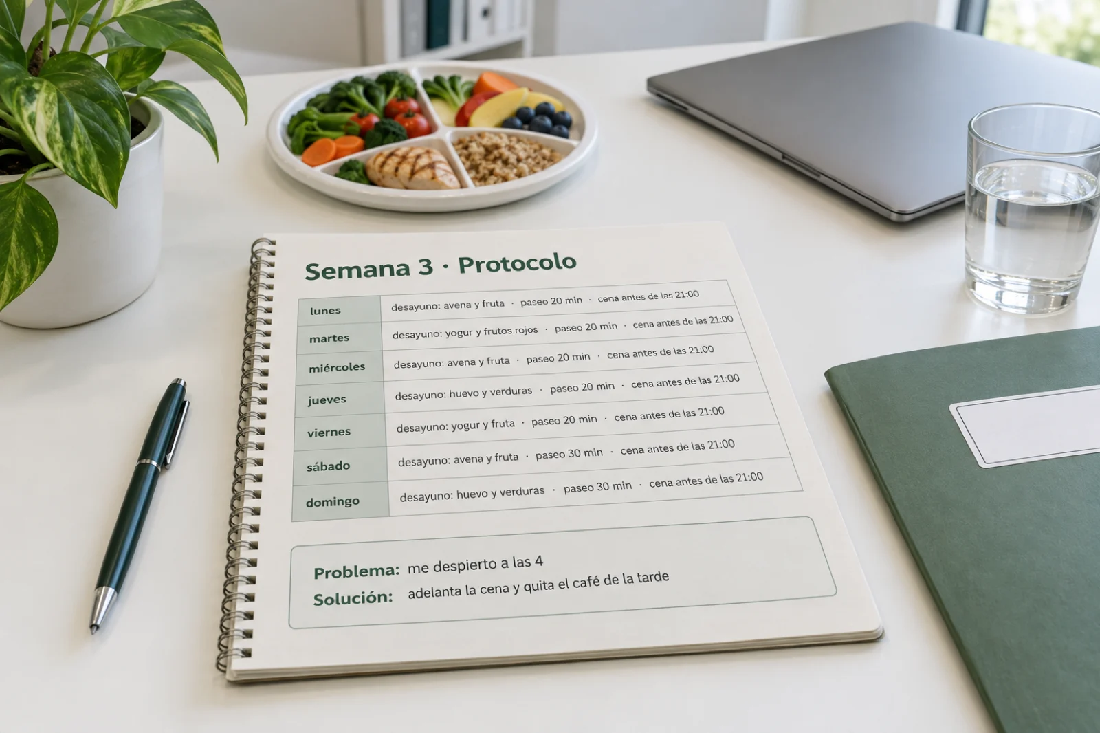 Mesa de una consulta de nutrición con una guía de anillas abierta; la página, legible: 'Semana 3 · Protocolo', una tabla de lunes a domingo con entradas como 'desayuno: avena y fruta · paseo 20 min · cena antes de las 21:00', y un recuadro 'Problema: me despierto a las 4 · Solución: adelanta la cena y quita el café de la tarde'