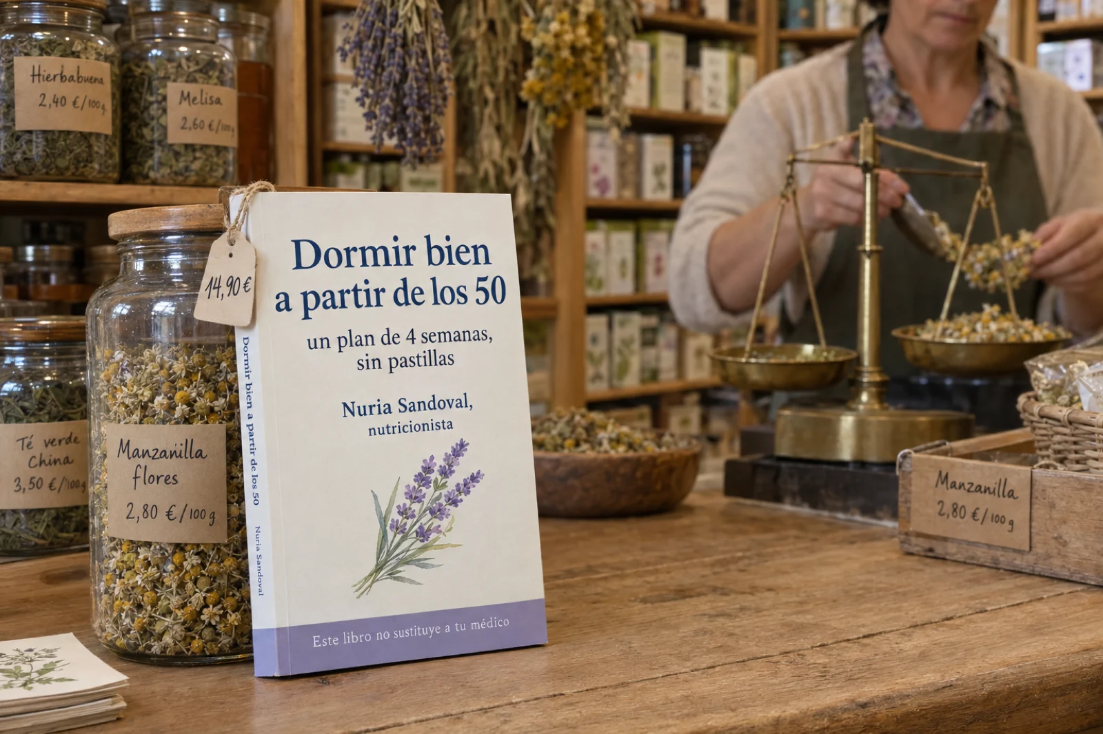 Mostrador de un herbolario con tarros de cristal y hierbas secas; apoyado en un tarro, un libro en tapa blanda con la portada legible: 'Dormir bien a partir de los 50 · un plan de 4 semanas, sin pastillas · Nuria Sandoval, nutricionista', una acuarela de lavanda y la franja 'Este libro no sustituye a tu médico', con una etiqueta de precio de 14,90 €