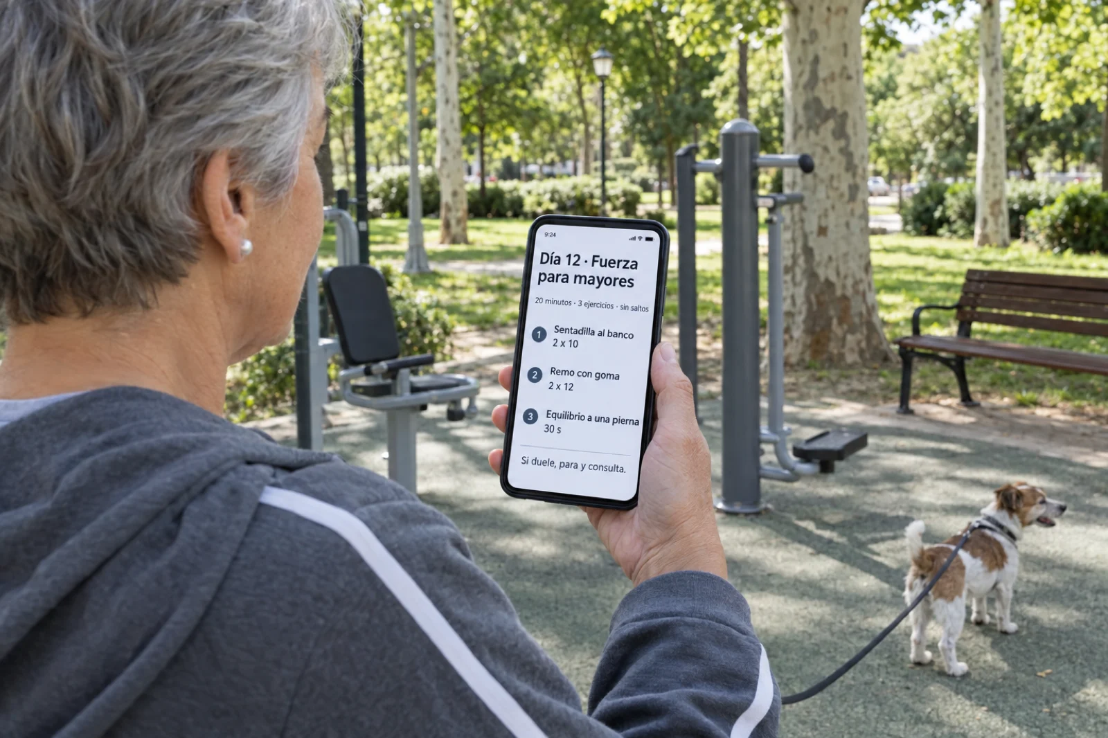 Una mujer de unos 65 años en un parque biosaludable sostiene el móvil; la pantalla, legible: 'Día 12 · Fuerza para mayores', '20 minutos · 3 ejercicios · sin saltos', la lista 'Sentadilla al banco 2 x 10 · Remo con goma 2 x 12 · Equilibrio a una pierna 30 s' y la nota 'Si duele, para y consulta'