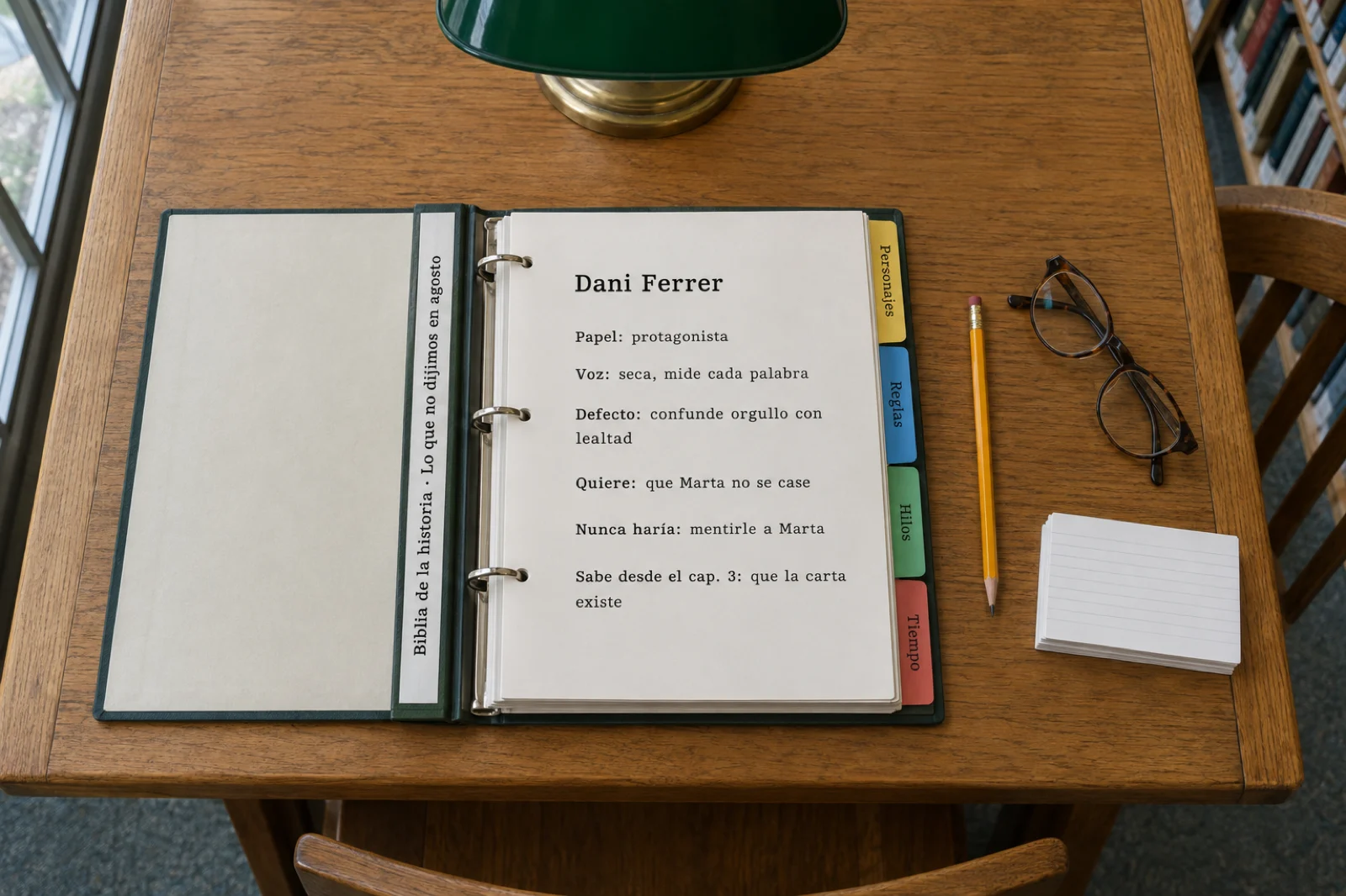 Vista cenital de una mesa de sala de lectura con una carpeta de anillas abierta, etiquetada 'Biblia de la historia · Lo que no dijimos en agosto', por una ficha de personaje legible: 'Dani Ferrer · protagonista · voz: seca, mide cada palabra · defecto: confunde orgullo con lealtad · nunca haría: mentirle a Marta', con pestañas de colores 'Personajes', 'Reglas', 'Hilos', 'Tiempo'