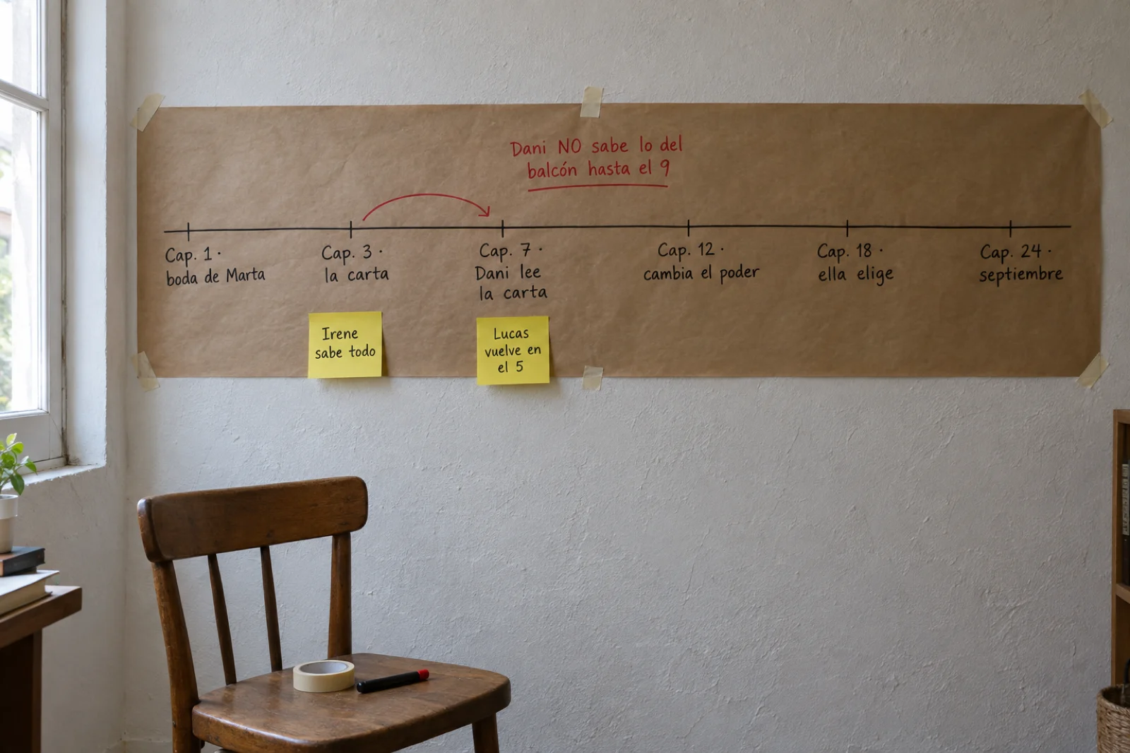 Pared de un estudio con una tira larga de papel de estraza pegada con cinta, con una línea de tiempo dibujada a rotulador: 'Cap. 1 · boda de Marta', 'Cap. 3 · la carta', 'Cap. 7 · Dani lee la carta', 'Cap. 12 · cambia el poder', 'Cap. 18 · ella elige', con flechas rojas entre la carta y el capítulo 7 y una nota 'Dani NO sabe lo del balcón hasta el 9'