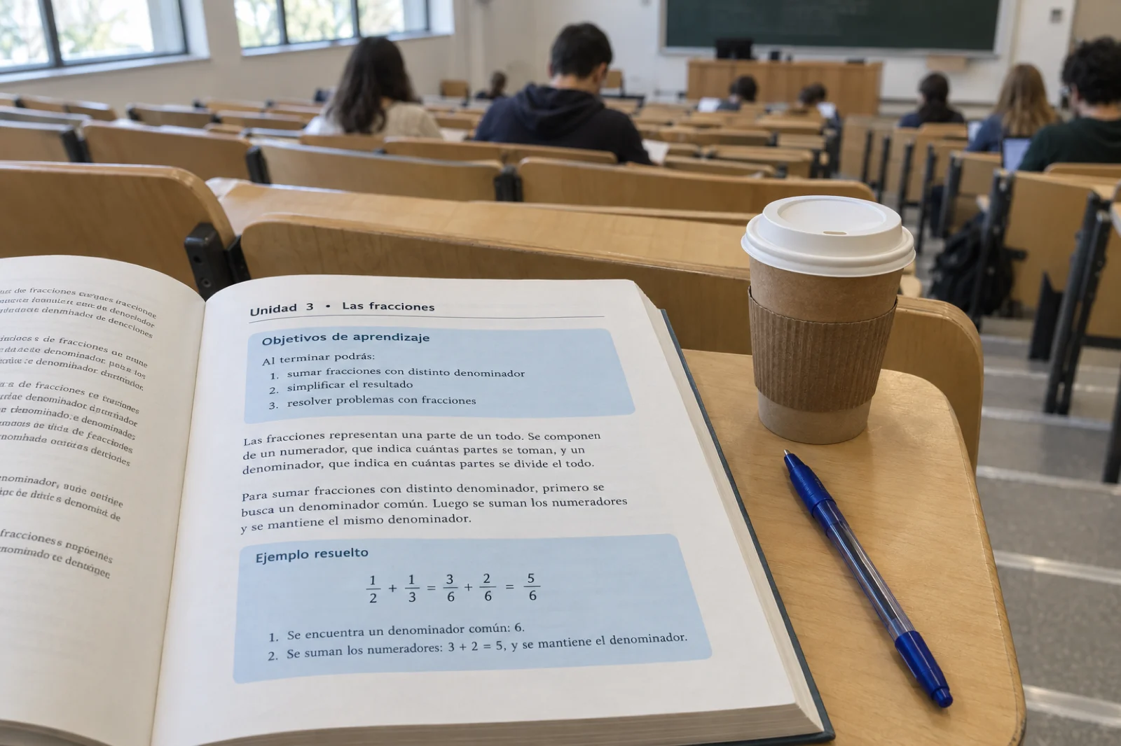 Asiento de un aula magna universitaria con un libro de texto abierto sobre la paleta, legible: 'Unidad 3 · Las fracciones · Objetivos de aprendizaje: al terminar podrás sumar fracciones con distinto denominador, simplificar el resultado, resolver problemas con fracciones', y un recuadro 'Ejemplo resuelto' con una suma de fracciones; un café y un bolígrafo al lado