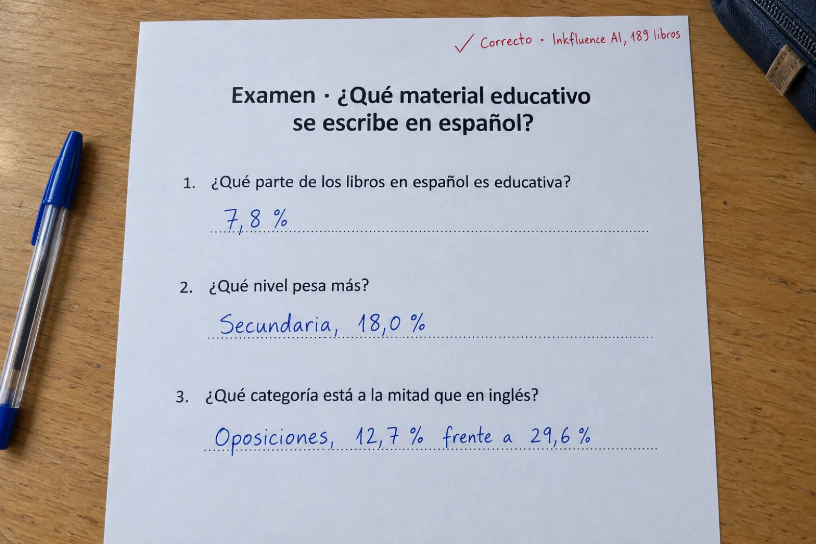 Hoja de examen impresa sobre un pupitre, con el encabezado 'Examen · ¿Qué material educativo se escribe en español?' y tres preguntas con la respuesta escrita a bolígrafo azul: '1. ¿Qué parte de los libros en español es educativa? 7,8 %', '2. ¿Qué nivel pesa más? Secundaria, 18,0 %', '3. ¿Qué categoría está a la mitad que en inglés? Oposiciones, 12,7 % frente a 29,6 %', y una nota en rojo 'Correcto · Inkfluence AI, 189 libros'