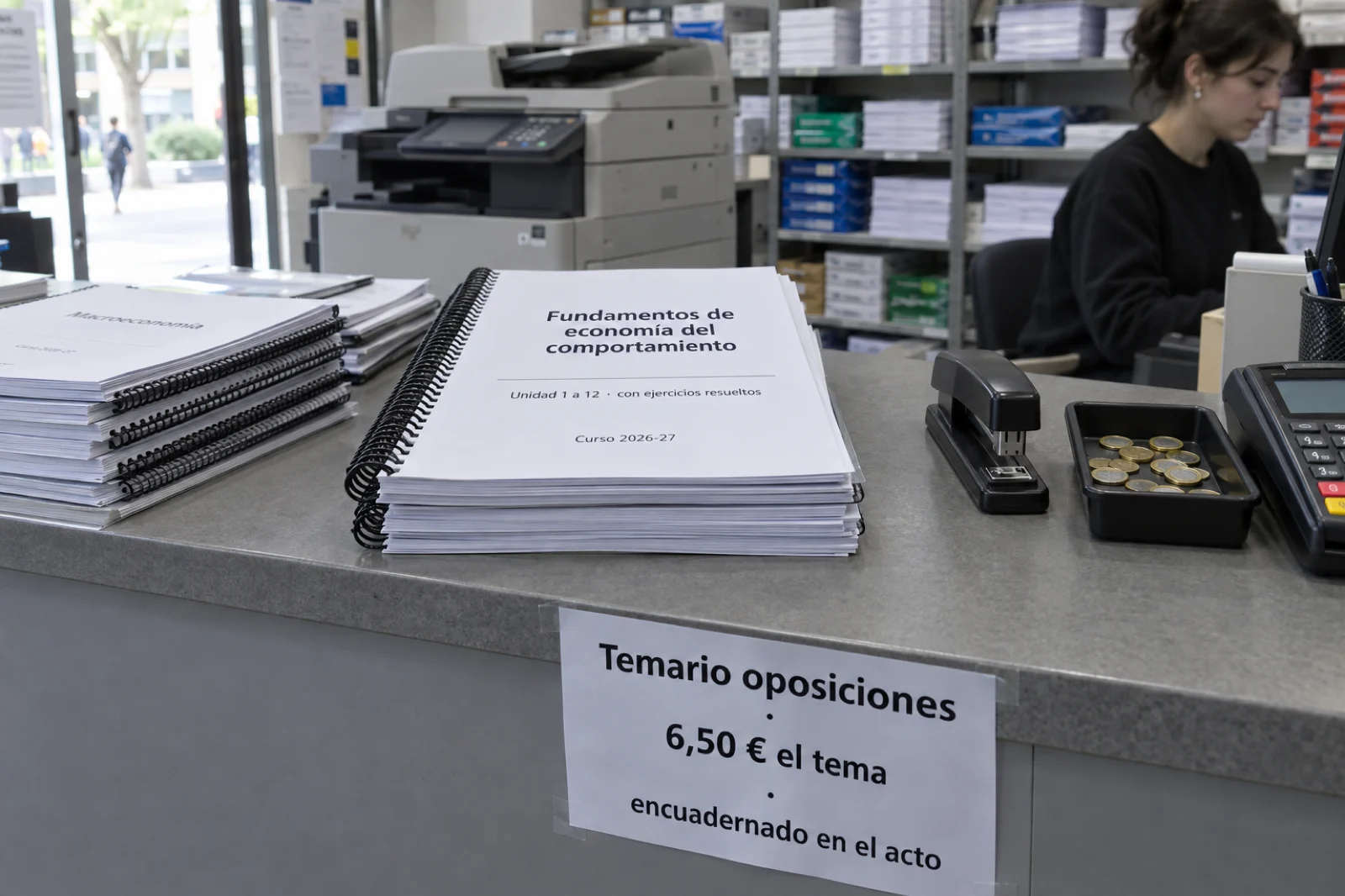 Mostrador de una reprografía junto a una universidad, con pilas de apuntes encuadernados en espiral y una portada legible: 'Fundamentos de economía del comportamiento · Unidad 1 a 12 · con ejercicios resueltos', un cartel 'Temario oposiciones · 6,50 € el tema' y una fotocopiadora al fondo