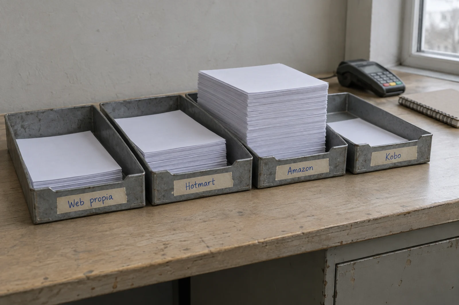 Cuatro bandejas de papel apiladas sobre un mostrador, cada una con una etiqueta escrita a mano, con distinta cantidad de hojas impresas dentro