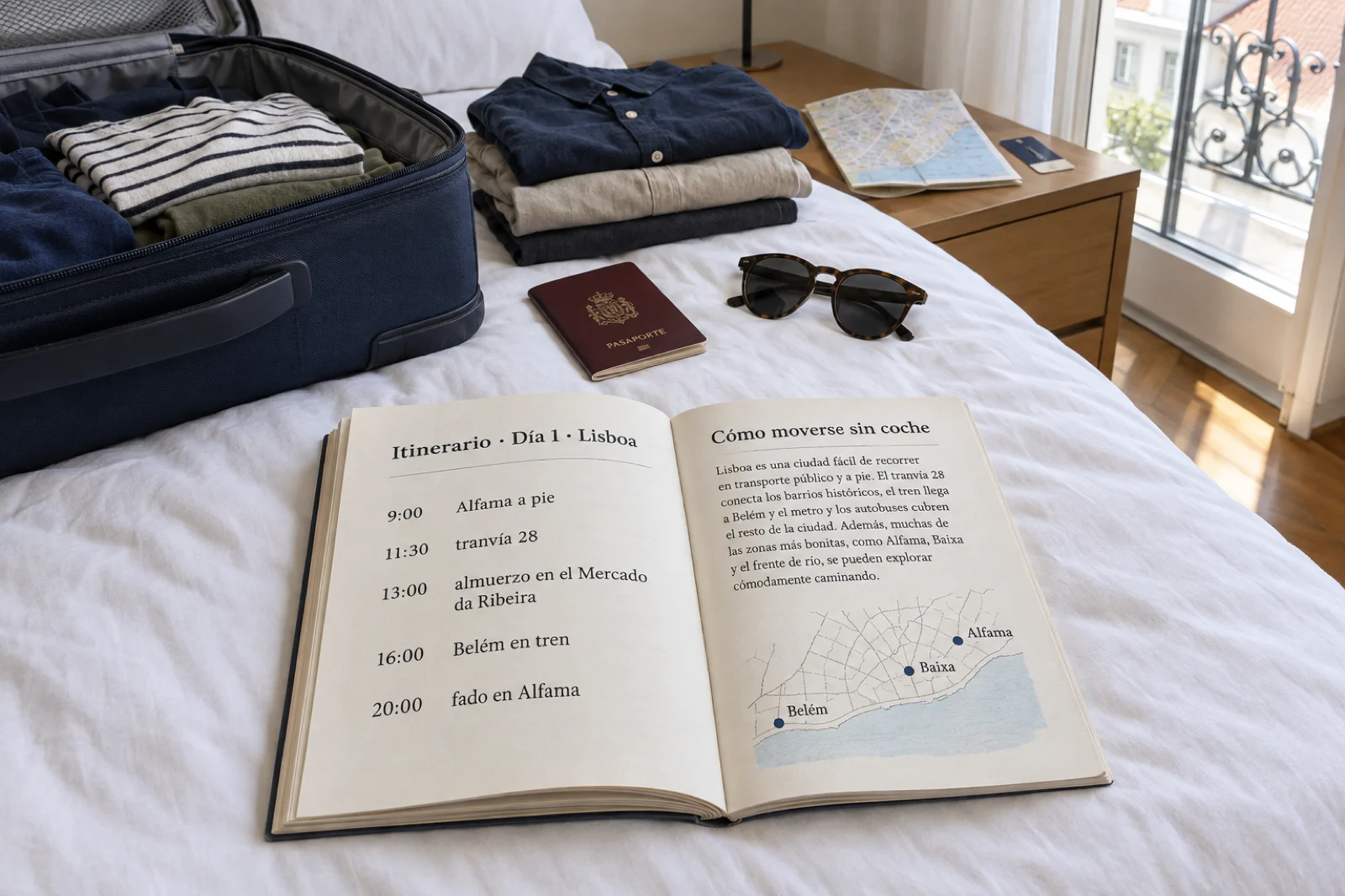 Cama de hotel con una maleta abierta y una guía impresa abierta sobre el edredón; a la izquierda, legible, 'Itinerario · Día 1 · Lisboa' con horas: Alfama a pie, tranvía 28, almuerzo en el Mercado da Ribeira, Belém en tren, fado; a la derecha, 'Cómo moverse sin coche' con un mapa dibujado a mano con Alfama, Baixa y Belém