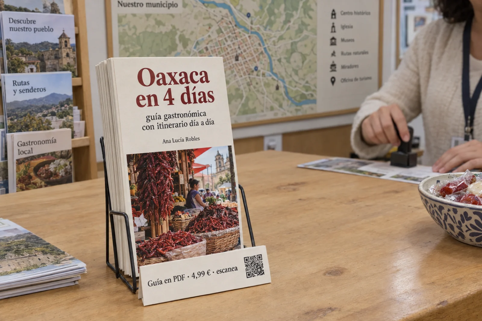 Mostrador de una oficina de turismo con un expositor de guías impresas iguales; la portada, legible: 'Oaxaca en 4 días · guía gastronómica con itinerario día a día · Ana Lucía Robles', y delante una tarjeta 'Guía en PDF · 4,99 € · escanea' con un código QR