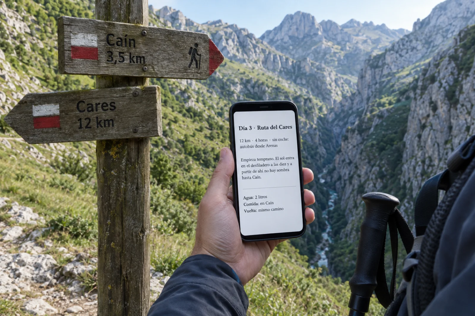Una mano sostiene un móvil junto a un poste indicador de madera en una ruta de montaña; la pantalla, legible, muestra una página de la guía: 'Día 3 · Ruta del Cares', '12 km · 4 horas · sin coche: autobús desde Arenas', un párrafo sobre la sombra en el desfiladero y una lista con agua, comida y vuelta