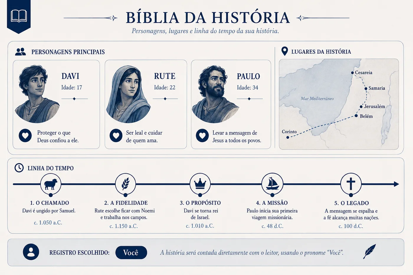 Uma bíblia da história exibida na tela, em português: três fichas de personagens com nome, idade e uma linha de motivação, um pequeno mapa de lugares, uma linha do tempo em uma fileira, e uma nota indicando o registro escolhido, você ou tu.