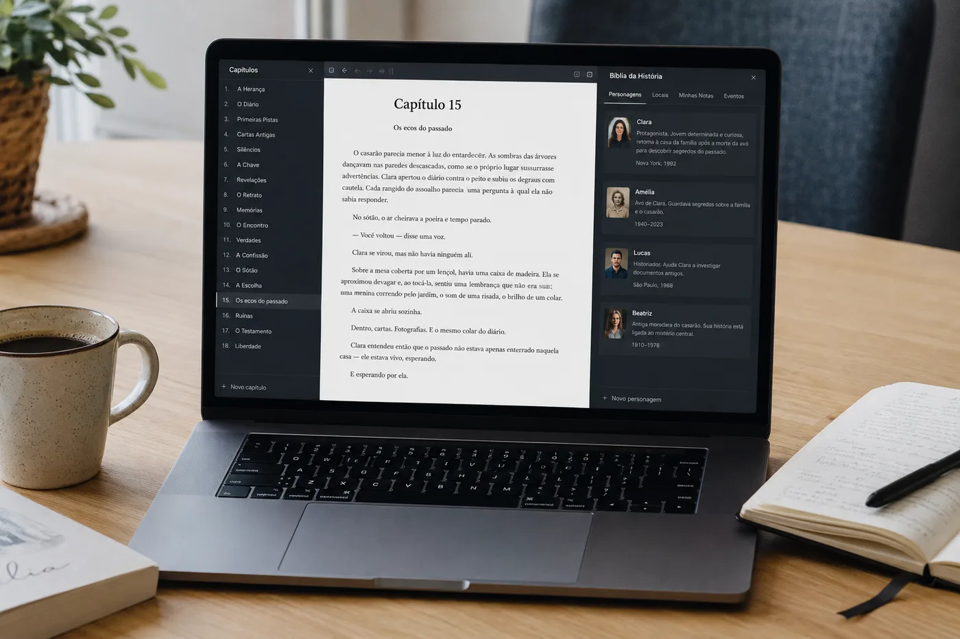 Um notebook sobre uma mesa de madeira clara mostrando um capítulo de romance em português no centro, a lista de capítulos numerados à esquerda e um painel de bíblia da história à direita com fichas de personagens, ao lado de um café e de um caderno aberto.
