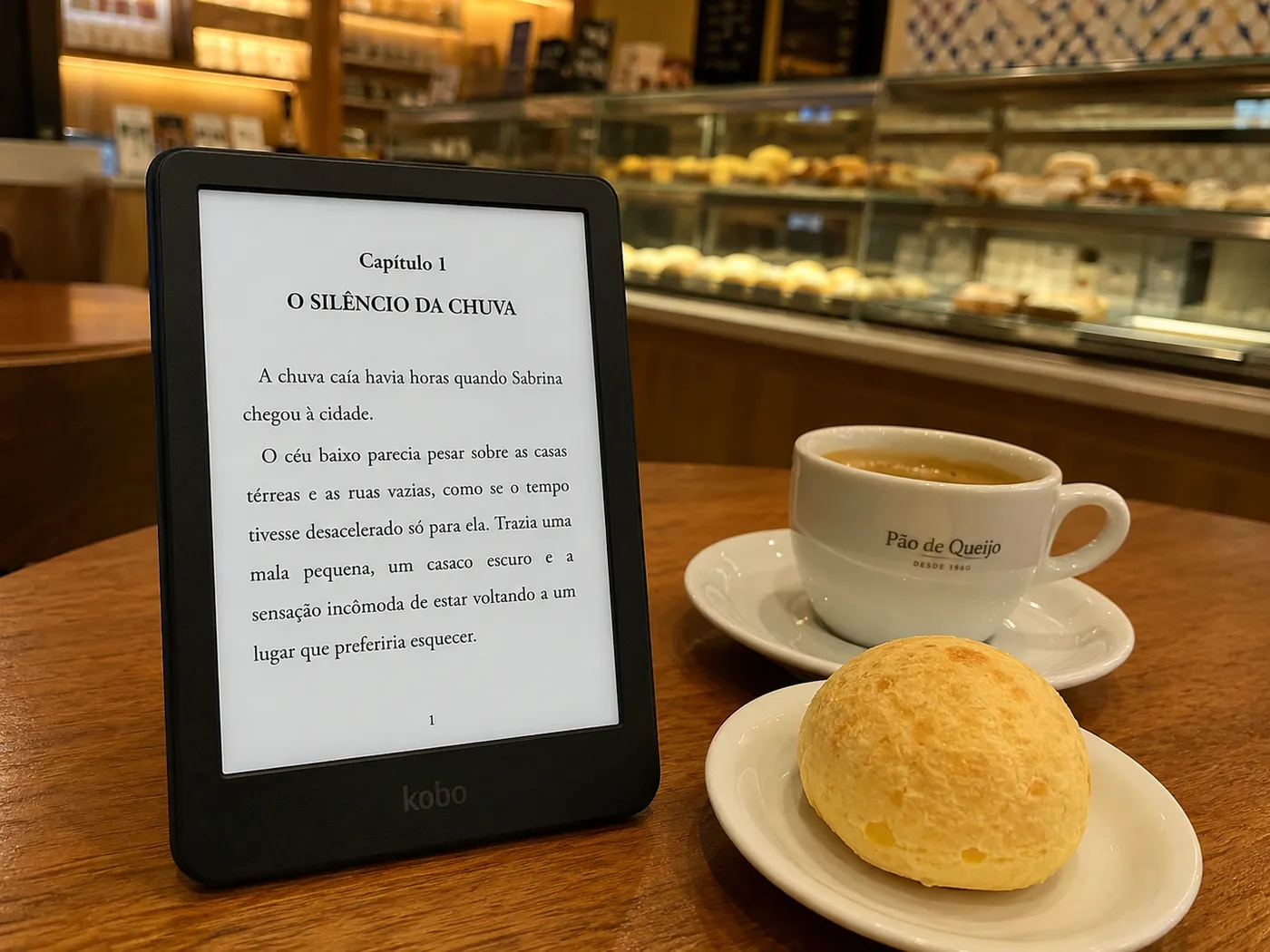 Um leitor de e-book sobre uma mesa de padaria brasileira, mostrando a primeira página de um suspense em português com um título de capítulo e um parágrafo legível, um pão de queijo em um pratinho e um café ao lado, o balcão desfocado ao fundo.