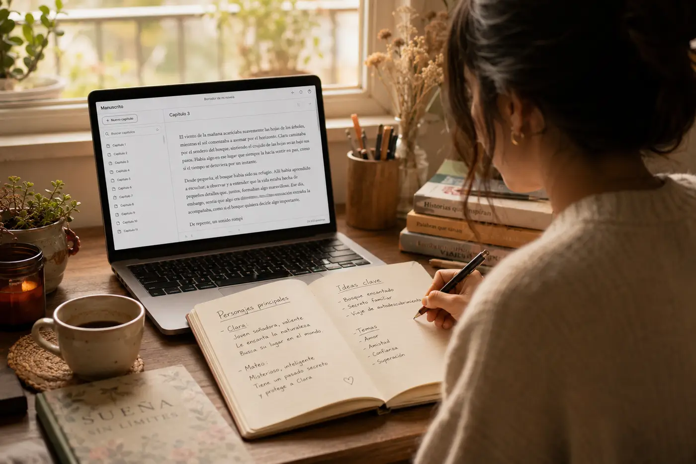 Escritora trabajando en su novela con IA: portátil con el editor de capítulos en español, cuaderno de notas de personajes y un café en un escritorio luminoso
