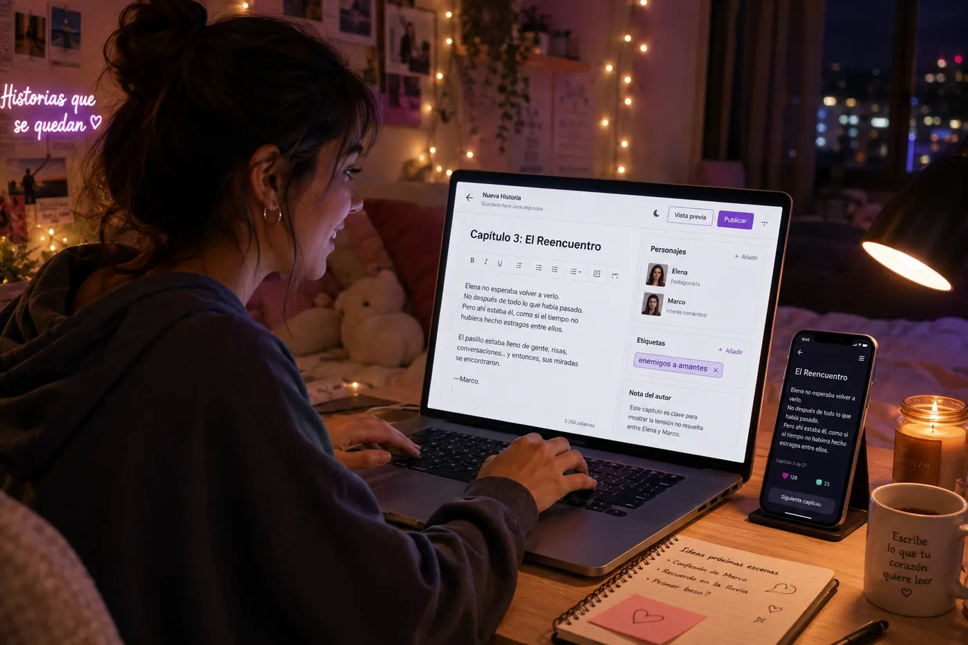 Una escritora joven trabaja de noche en su fanfic; el portátil muestra el editor en español con el capítulo 3, la lista de personajes Elena y Marco y la etiqueta enemigos a amantes