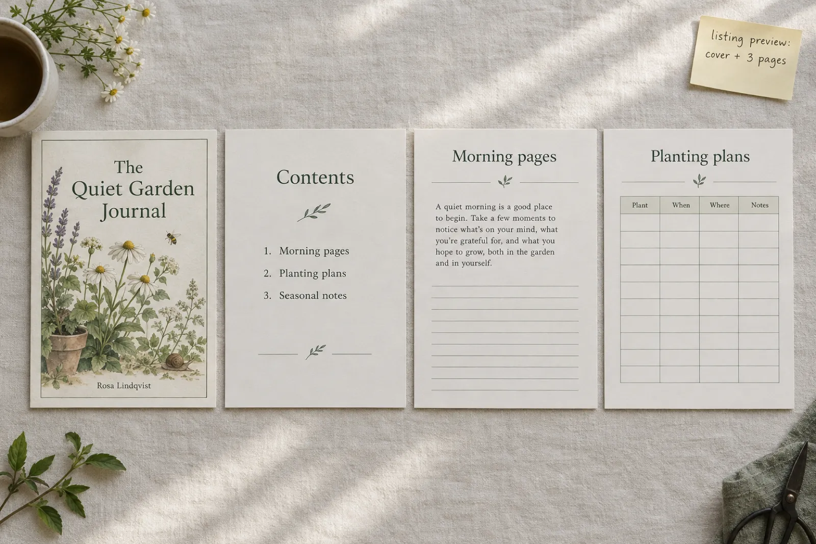 Four printed pages of an ebook laid out as a listing preview on a linen tablecloth: the cover of The Quiet Garden Journal by Rosa Lindqvist, a Contents page listing Morning pages, Planting plans and Seasonal notes, an interior page headed Morning pages, and a Planting plans grid, with a sticky note reading listing preview: cover + 3 pages