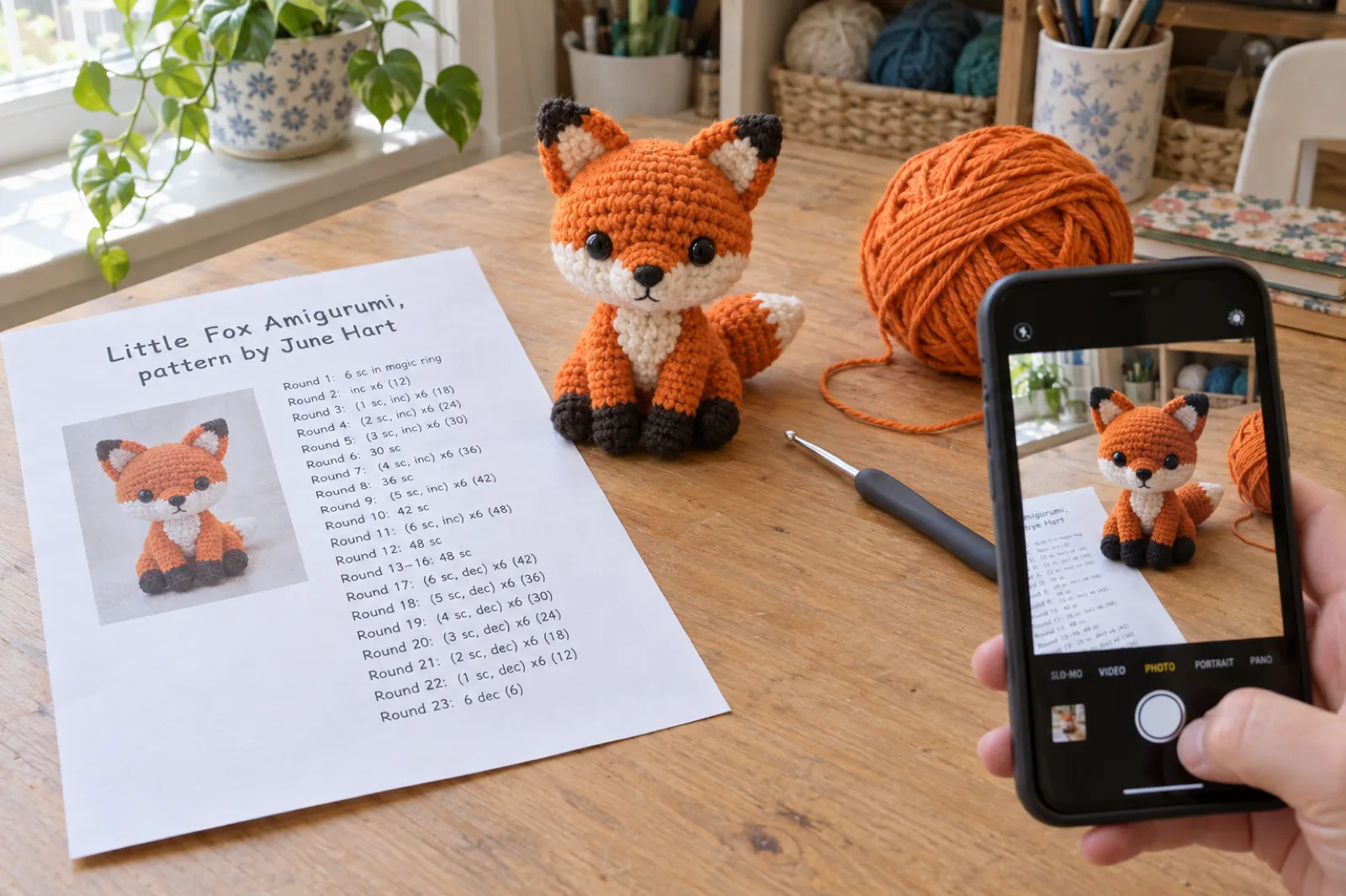 A printed crochet pattern titled Little Fox Amigurumi, pattern by June Hart, with numbered rounds of instructions, next to the real finished orange crocheted fox made from it, a ball of yarn and a hook, while a hand photographs the finished fox on a phone