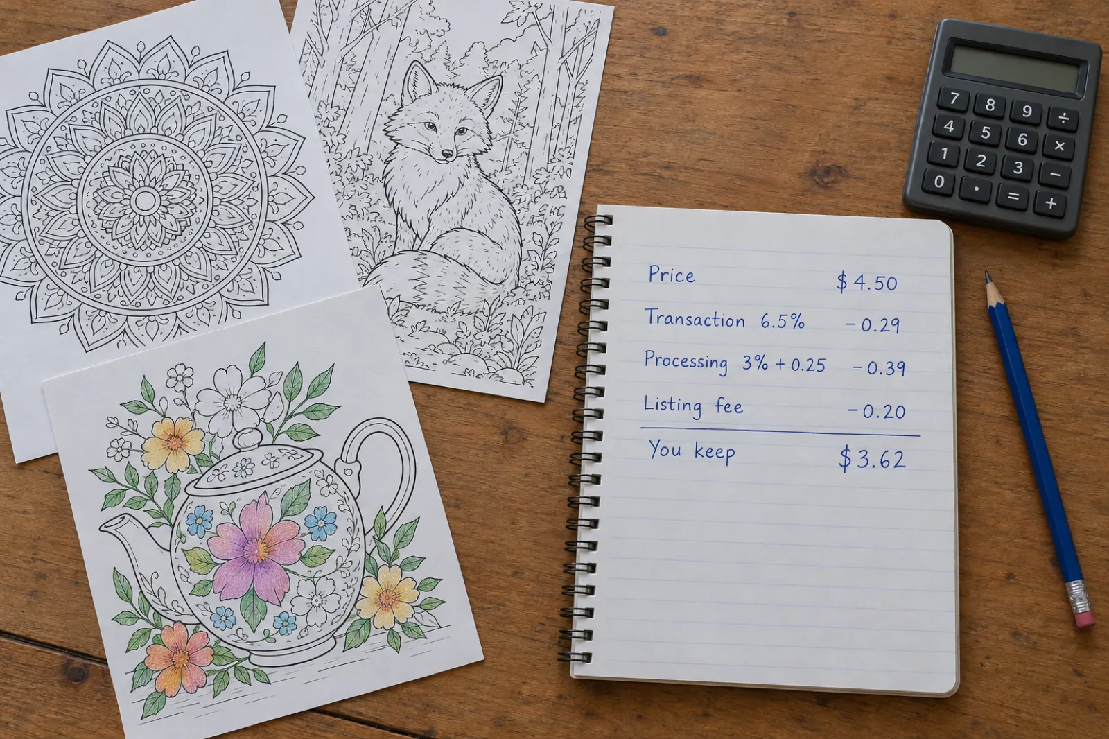 A desk with three printed coloring pages, a mandala, a fox in a forest and a teapot with flowers, beside an open notebook of handwritten fee maths: price $4.50, transaction 6.5% minus 0.29, processing 3% plus 0.25 minus 0.39, listing fee minus 0.20, you keep $3.62
