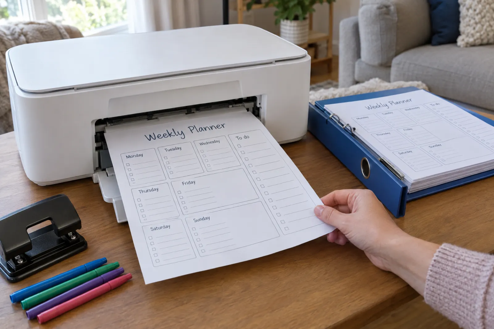A home inkjet printer feeds out a page titled Weekly Planner with boxes for Monday to Sunday and a to do list, as a hand lifts it from the tray beside a blue ring binder of printed planner pages, a hole punch and coloured pens