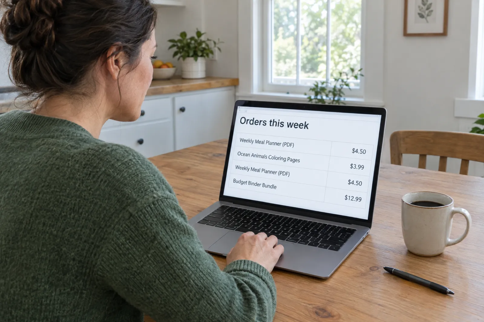 A woman at a kitchen table with only a laptop, coffee and a pen looks at a plain order list headed Orders this week: Weekly Meal Planner PDF $4.50, Ocean Animals Coloring Pages $3.99, Weekly Meal Planner PDF $4.50, Budget Binder Bundle $12.99