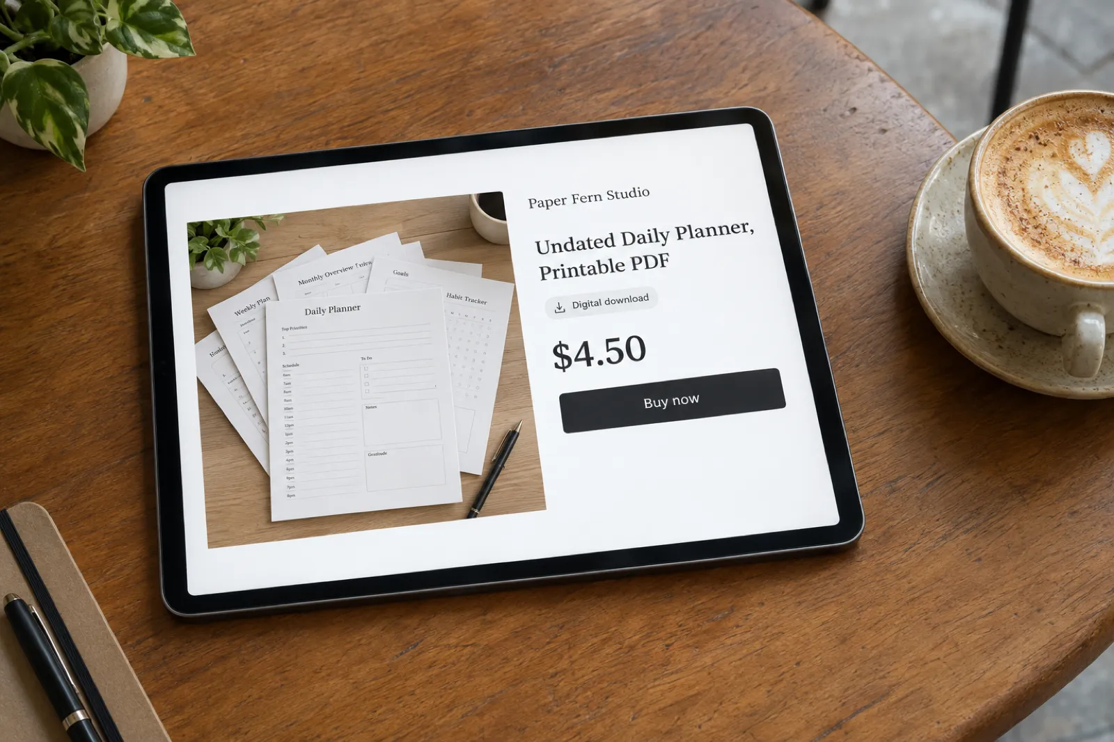 A tablet on a wooden cafe table beside a cappuccino shows an unbranded shop page from Paper Fern Studio: Undated Daily Planner, Printable PDF, labelled Digital download, priced $4.50 with a Buy now button