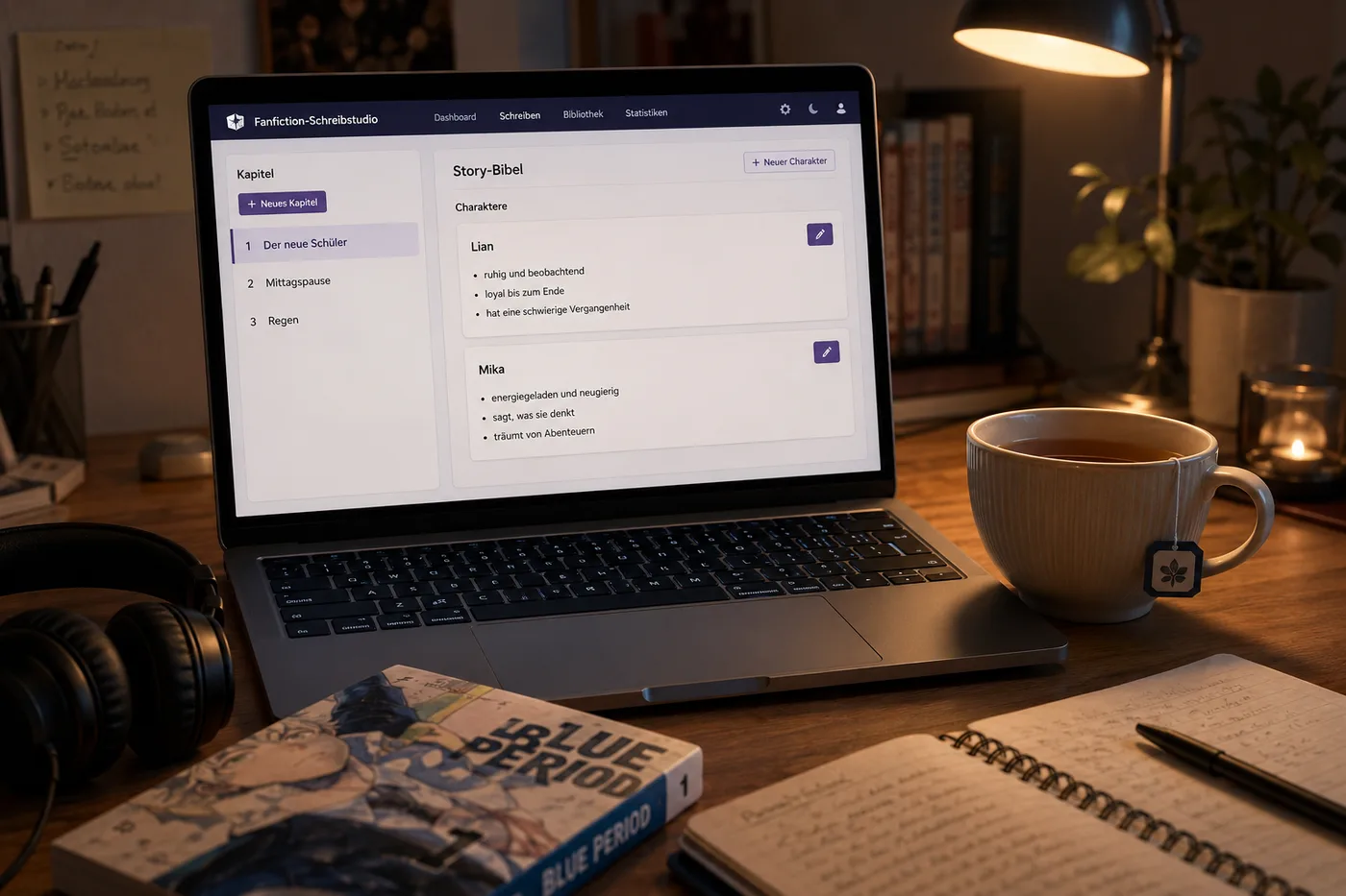 Schreibtisch am Abend mit einem Laptop, auf dem eine deutschsprachige Fanfiction geöffnet ist: links eine Kapitelliste mit Titeln wie Der neue Schüler, Mittagspause, Regen, rechts ein Story-Bibel-Panel mit zwei Figurenkarten und ihren Eigenschaften. Daneben Kopfhörer, ein Manga-Band und eine Tasse Tee.