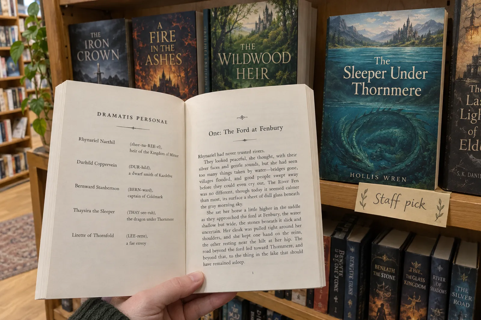 A hand holds open a paperback in a bookshop; the left page, headed Dramatis Personae, lists Rhynariel Naethil (rhee-na-REE-el), heir of the Kingdom of Mirnor; Durhild Coppervein (DUR-hild), a dwarf smith of Kazdelve; Bernward Stanbertson (BERN-ward), captain of Coldmark; Thaysira the Sleeper (THAY-see-ruh), the dragon under Thornmere; and Lirette of Thornfold (LEE-rette), a fae envoy; the right page opens chapter one, The Ford at Fenbury, and the shelf behind shows the cover of The Sleeper Under Thornmere by Hollis Wren.