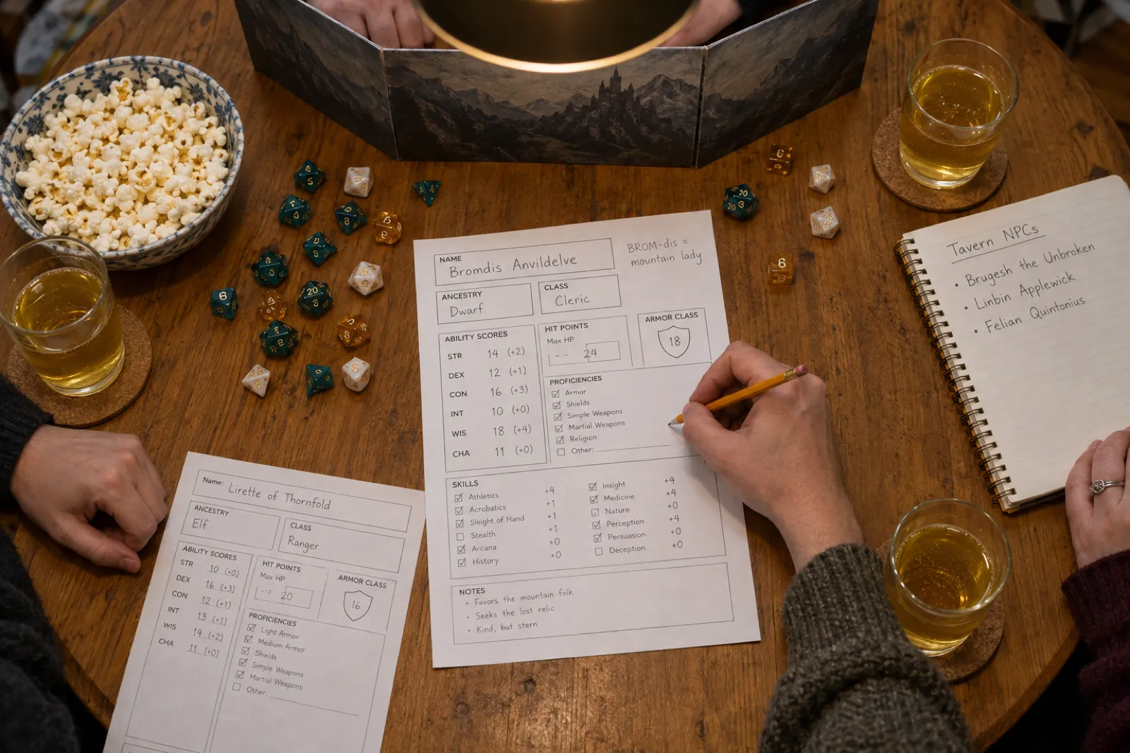 Overhead view of a round oak table at a tabletop game night with dice, popcorn and cider; a hand writes on a character sheet with the name Bromdis Anvildelve, ancestry Dwarf, class Cleric and a margin note BROM-dis equals mountain lady; a second sheet reads Lirette of Thornfold, Elf, Ranger; and a notebook headed Tavern NPCs lists Brugesh the Unbroken, Linbin Applewick and Felian Quintonius.