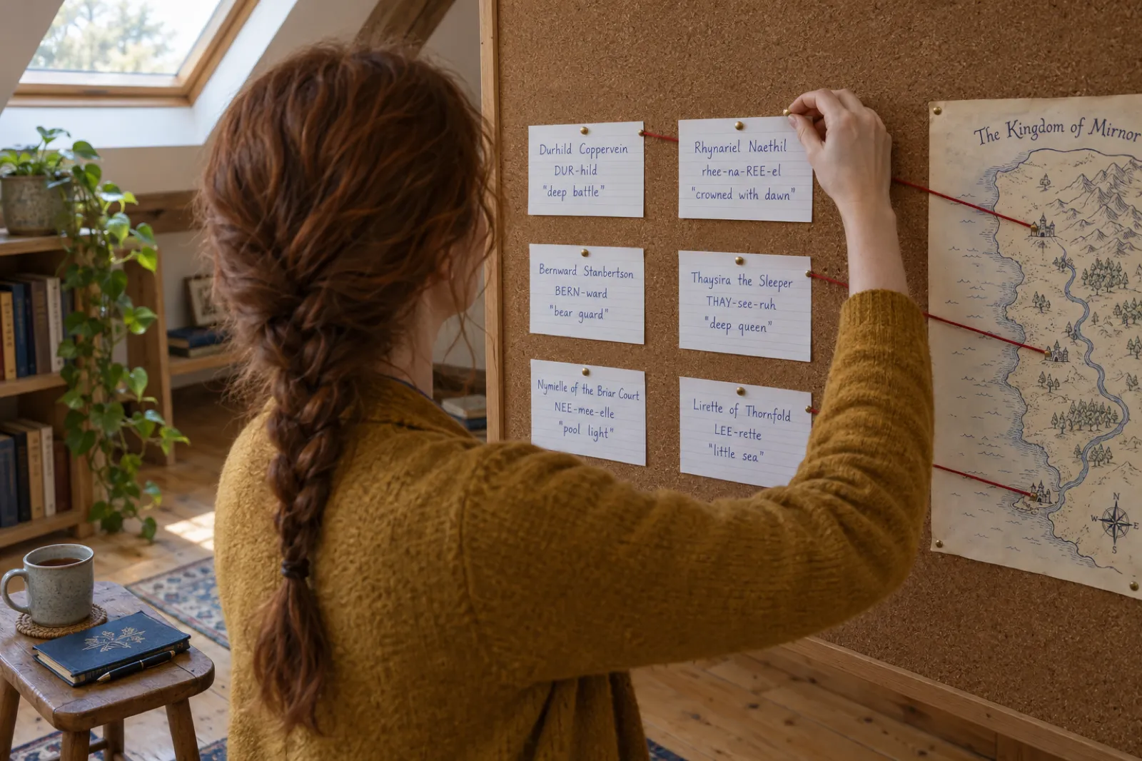 Over the shoulder of a woman with a long auburn plait and a mustard cardigan pinning index cards to a cork board in a sunlit attic room; six handwritten cards read Durhild Coppervein, DUR-hild, deep battle; Rhynariel Naethil, rhee-na-REE-el, crowned with dawn; Bernward Stanbertson, BERN-ward, bear guard; Thaysira the Sleeper, THAY-see-ruh, deep queen; Nymielle of the Briar Court, NEE-mee-elle, pool light; and Lirette of Thornfold, LEE-rette, little sea, with red thread running to a hand-drawn map titled The Kingdom of Mirnor.