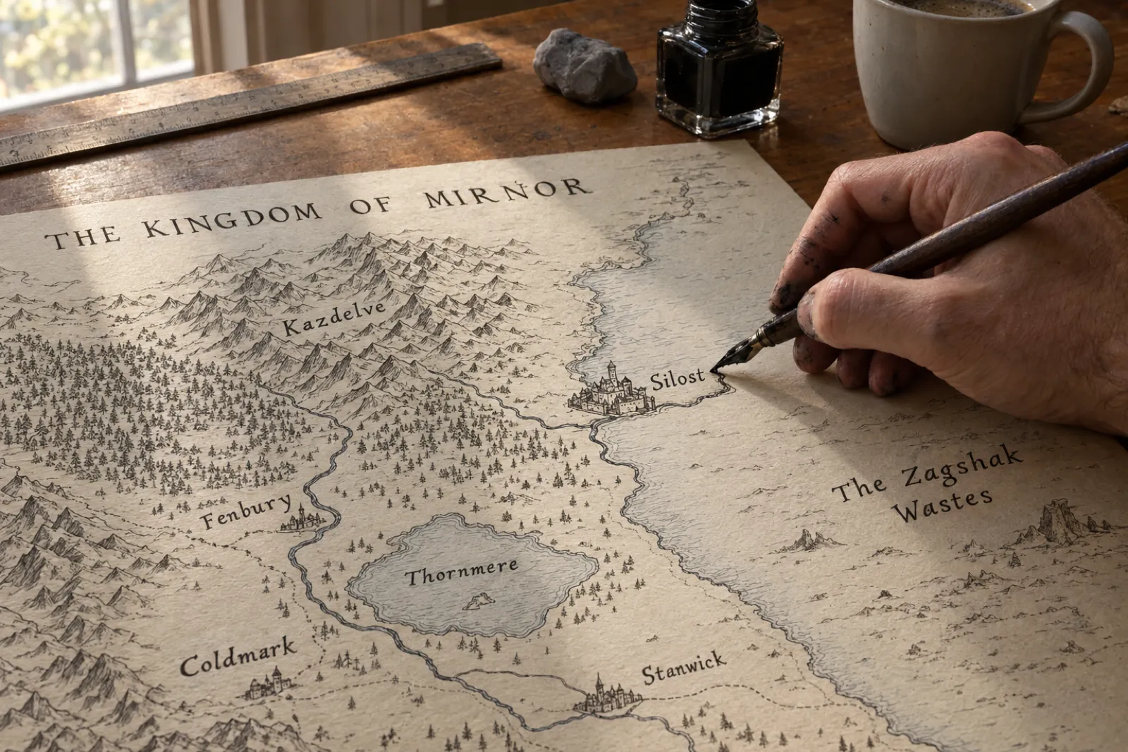 A hand with ink-stained fingers inking a river onto a hand-drawn fantasy map with a dip pen; the map is titled The Kingdom of Mirnor and shows Kazdelve in the mountains, the walled city of Silost on the coast, The Zagshak Wastes to the east, Fenbury on the river, the lake Thornmere, and Coldmark and Stanwick in the south.