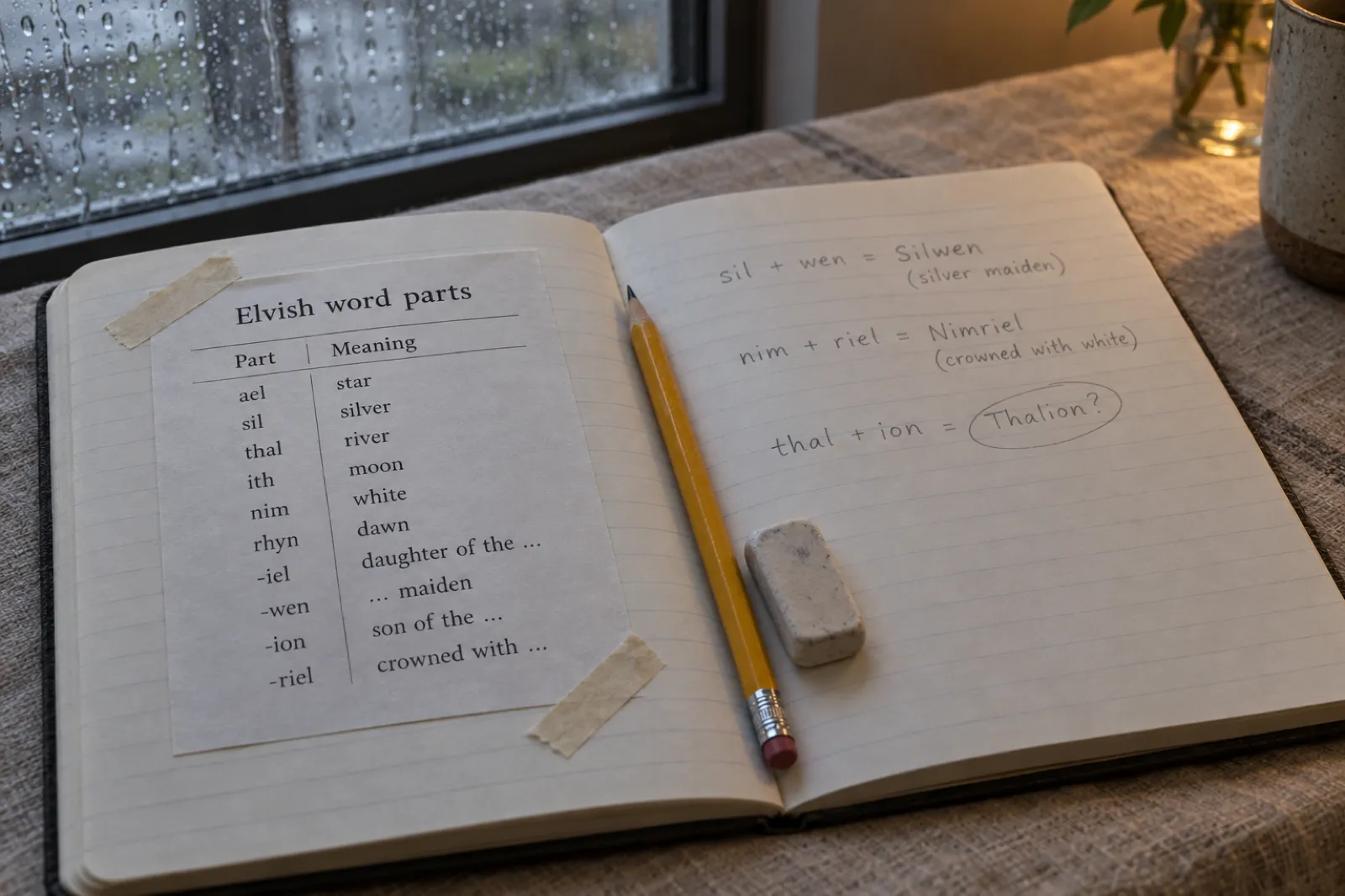 An open lined notebook by a rainy window with a printed sheet taped in, titled Elvish word parts, listing ael star, sil silver, thal river, ith moon, nim white, rhyn dawn, -iel daughter of the, -wen maiden, -ion son of the and -riel crowned with; on the facing page in pencil: sil plus wen equals Silwen, silver maiden; nim plus riel equals Nimriel, crowned with white; and thal plus ion equals Thalion, circled with a question mark.