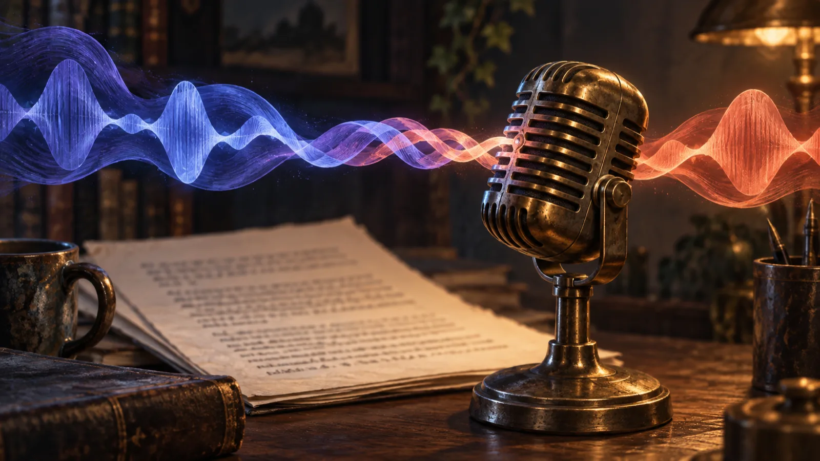 A vintage brass microphone with two coloured speech ribbons braiding together as they flow into it