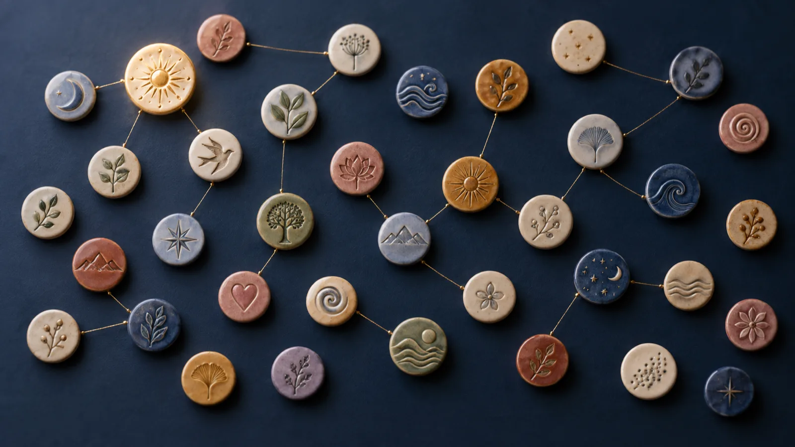 Thirty-one small ceramic speaker medallions scattered across a navy surface, none dominant, connected by fine gold threads