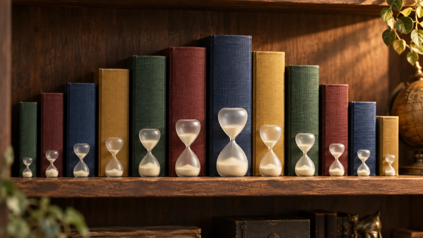 A shelf of hardback novels of varying thickness, each with a frosted hourglass in front of it matching its height