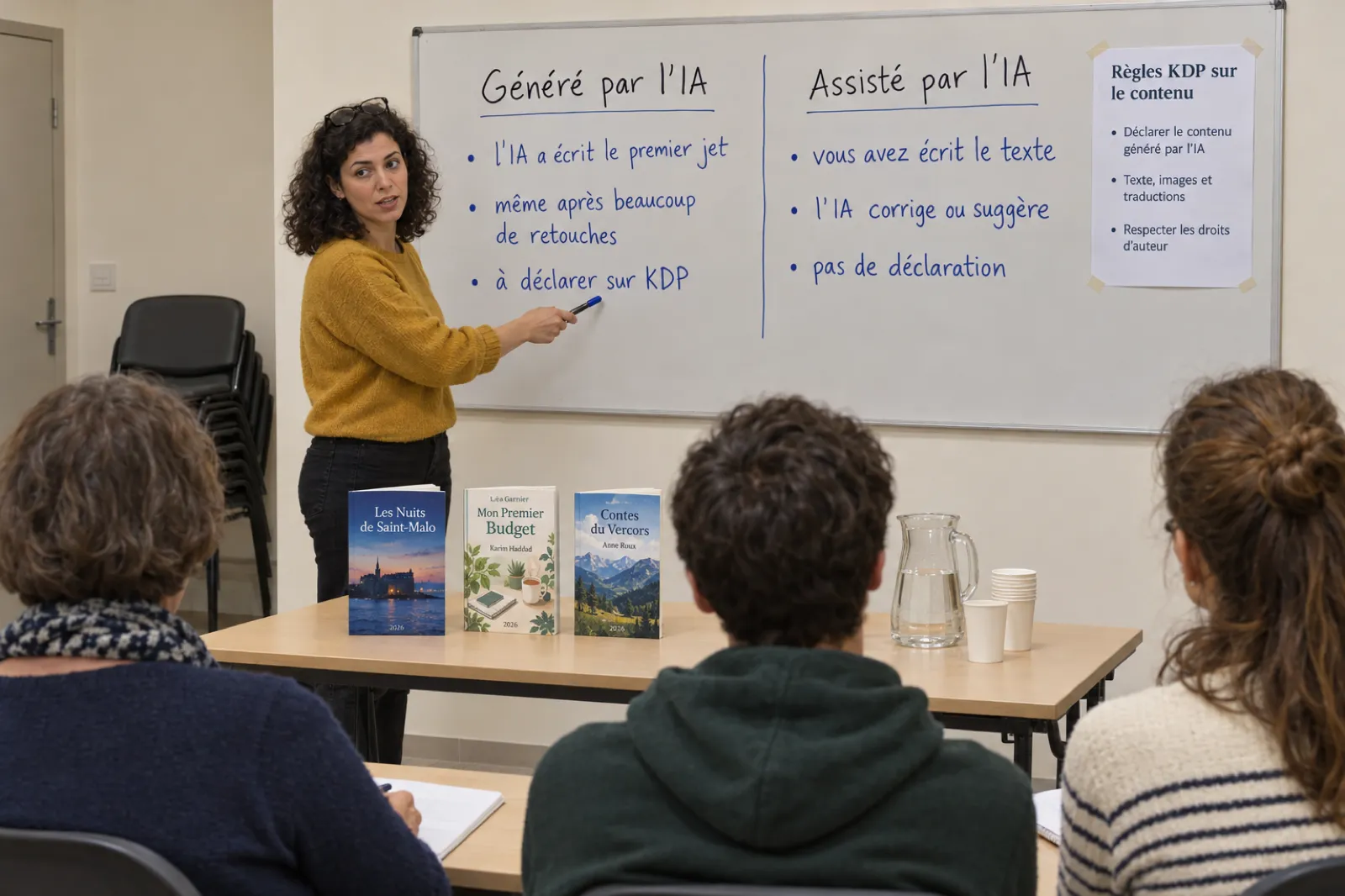 Atelier d’écriture dans une maison de quartier : une animatrice montre un tableau blanc à deux colonnes, Généré par l’IA, avec l’IA a écrit le premier jet, même après beaucoup de retouches, à déclarer sur KDP, et Assisté par l’IA, avec vous avez écrit le texte, l’IA corrige ou suggère, pas de déclaration.