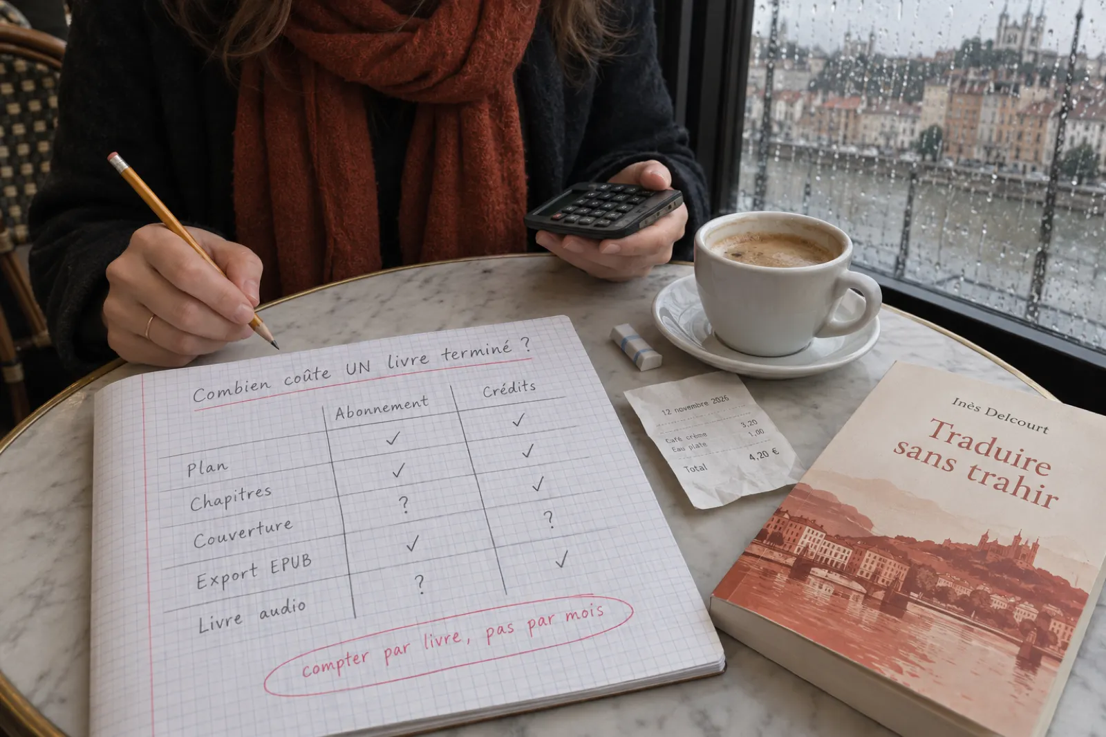 Sur une table de café à Lyon, un carnet quadrillé compare Abonnement et Crédits ligne par ligne, Plan, Chapitres, Couverture, Export EPUB, Livre audio, avec en rouge la note compter par livre, pas par mois, à côté d’une calculatrice, d’un café crème et d’un livre intitulé Traduire sans trahir.