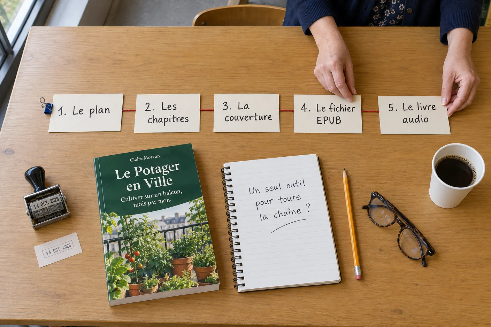 Vue de dessus d’une table de médiathèque : une femme ajuste une rangée de cinq fiches reliées par un fil rouge, Le plan, Les chapitres, La couverture, Le fichier EPUB, Le livre audio, au-dessus d’un livre broché intitulé Le Potager en Ville de Claire Morvan et d’un carnet où l’on lit Un seul outil pour toute la chaîne ?