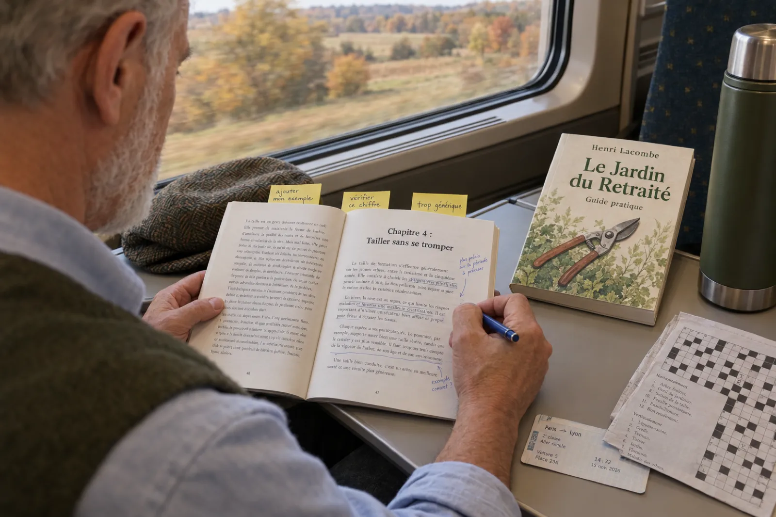 Dans un train régional, un homme à la barbe blanche corrige au stylo l’épreuve brochée du Jardin du Retraité d’Henri Lacombe, ouverte au Chapitre 4 : Tailler sans se tromper, avec des notes jaunes ajouter mon exemple, vérifier ce chiffre, trop générique.