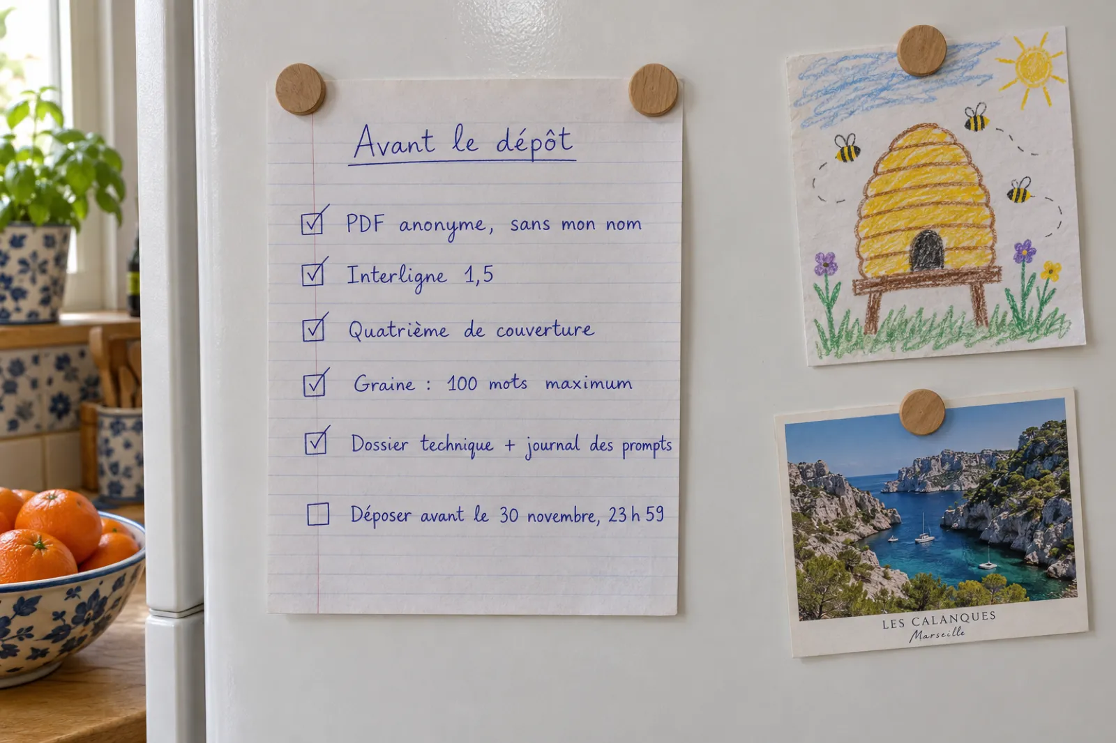 Sur la porte blanche d’un réfrigérateur, une feuille lignée tenue par deux aimants en bois porte une liste manuscrite au stylo bleu titrée Avant le dépôt : PDF anonyme, sans mon nom ; Interligne 1,5 ; Quatrième de couverture ; Graine : 100 mots maximum ; Dossier technique + journal des prompts, toutes cochées, et Déposer avant le 30 novembre, 23 h 59, pas encore cochée, à côté d’un dessin d’enfant représentant une ruche et d’une carte postale des Calanques.